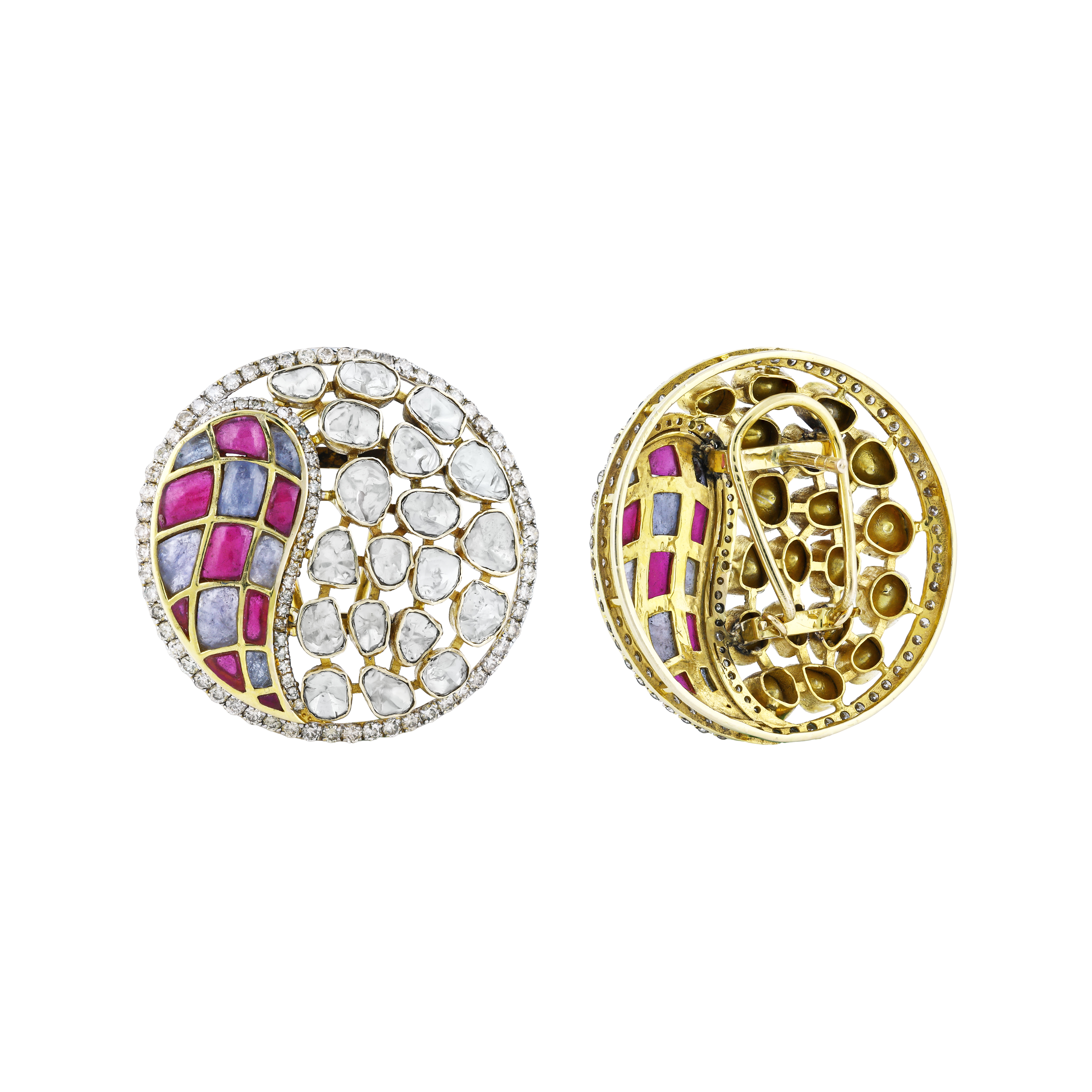 Polki Earrings with Pink and Purple Talaf in Circular Design