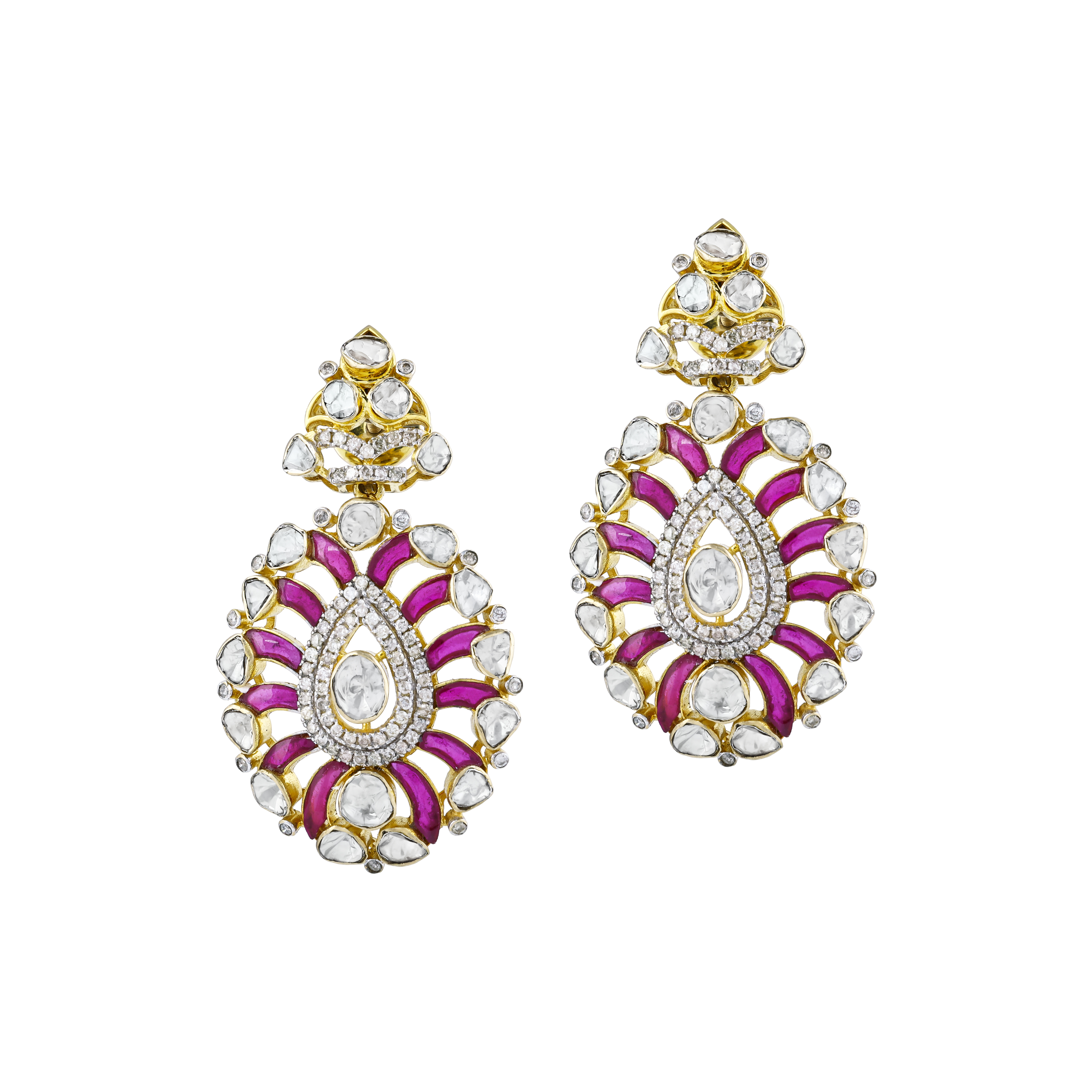 Polki Earrings with Red Talaf and Sparkling Diamonds