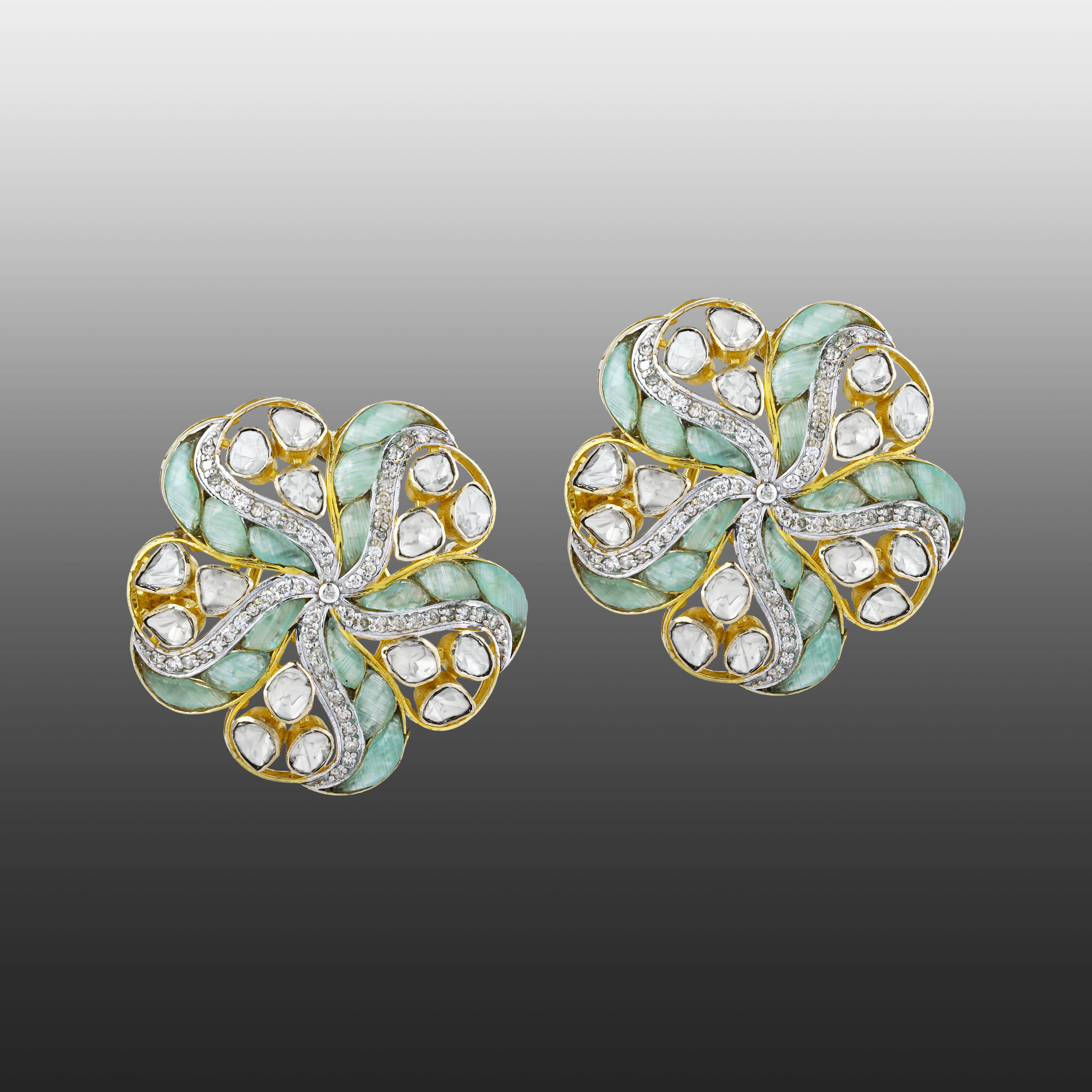 Floral Polki Earrings with Soft Green Talaf and Polki Swirl Design