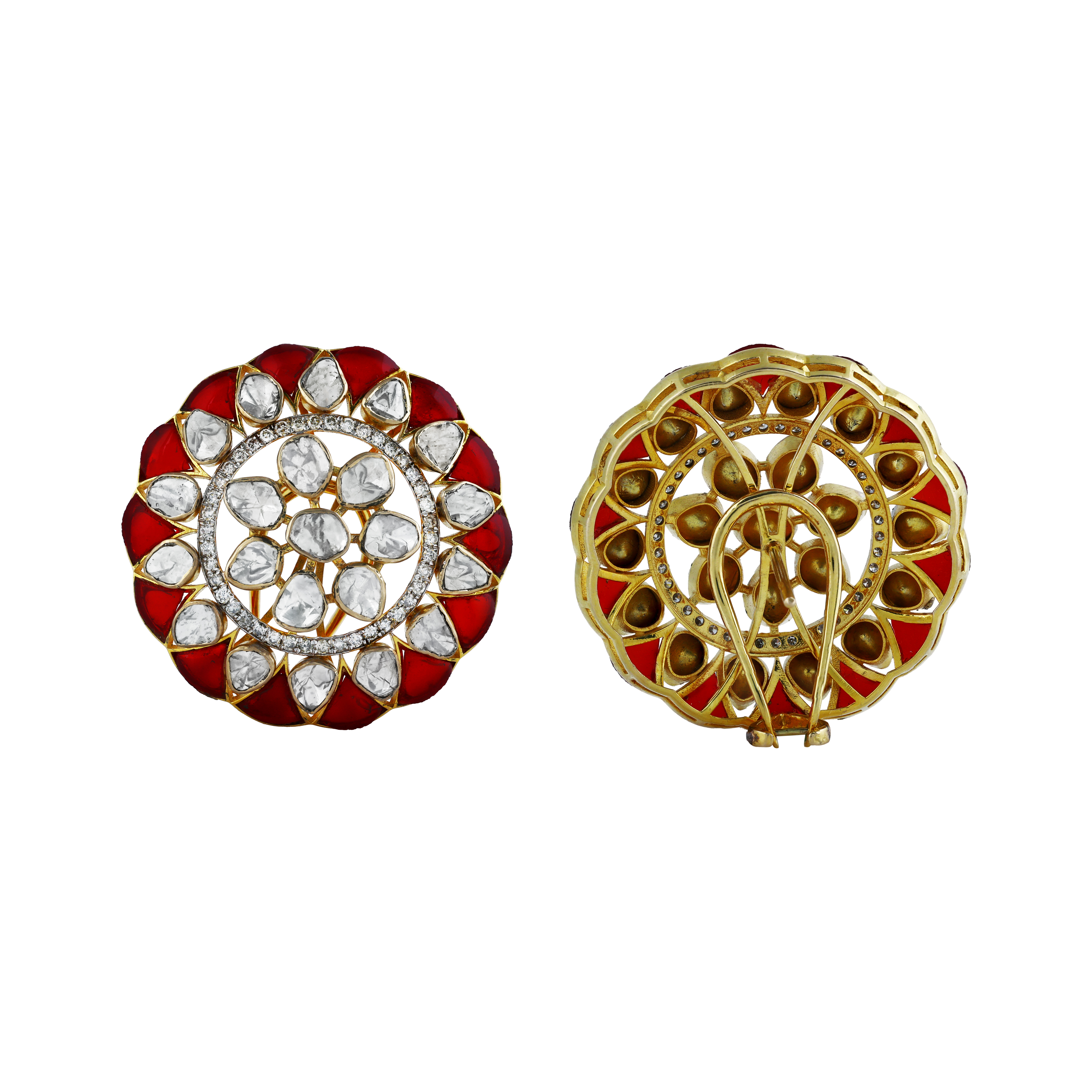 Round Polki Earrings with Red Talaf and Diamonds