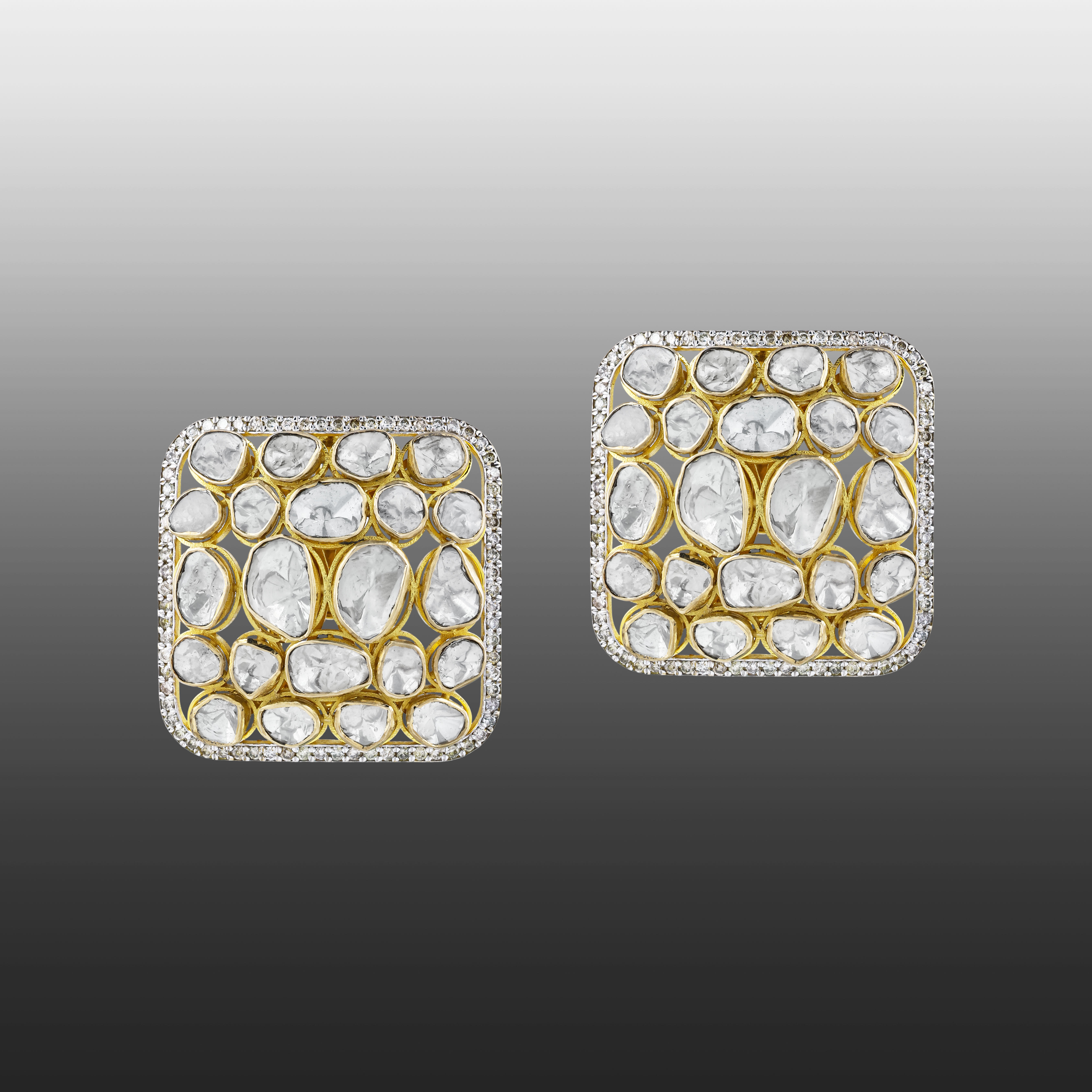 Square Diamond Earrings with Unshaped Cluster Polki