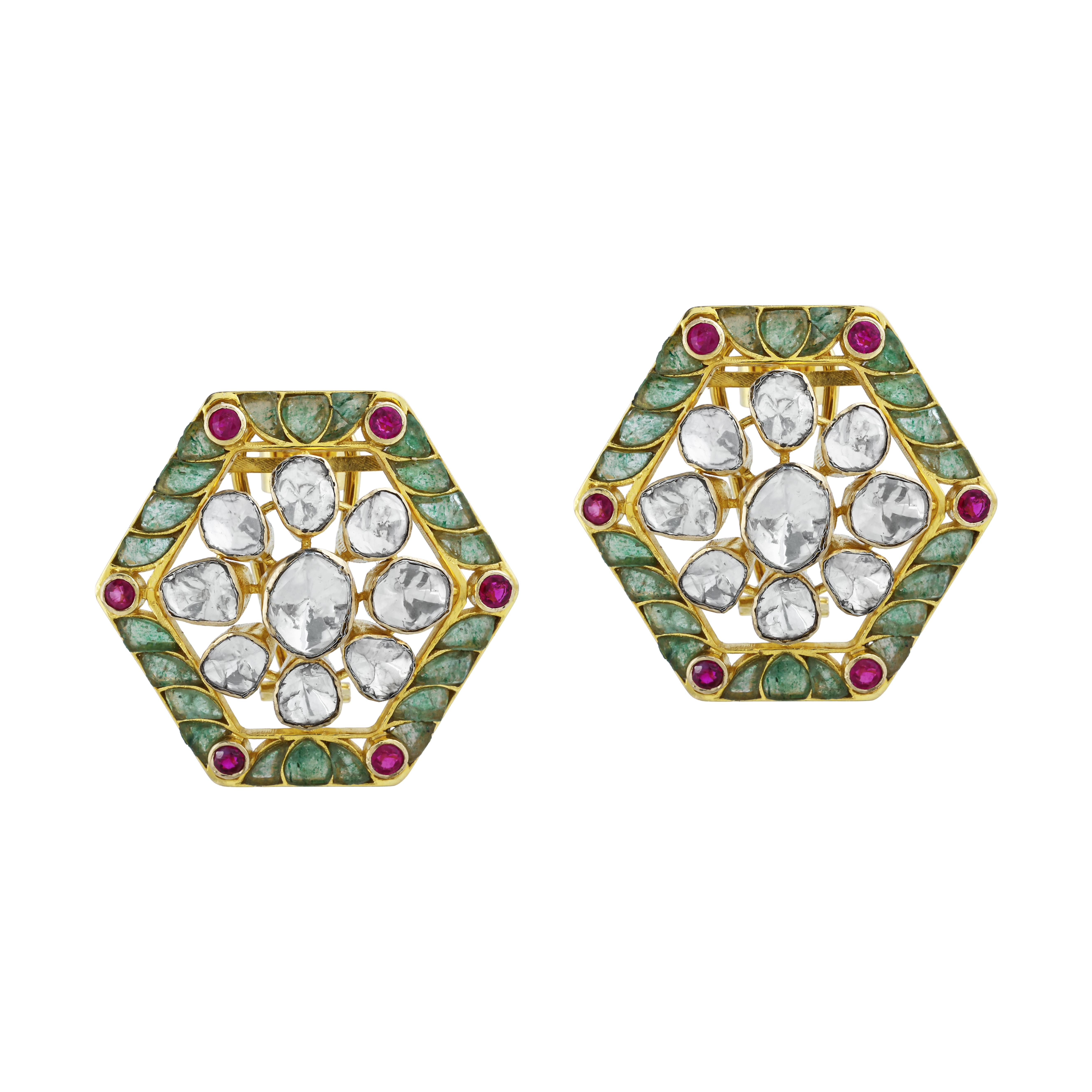 Geometric Hexagonal Earrings with Uncut Diamonds and Colourstone Talaf