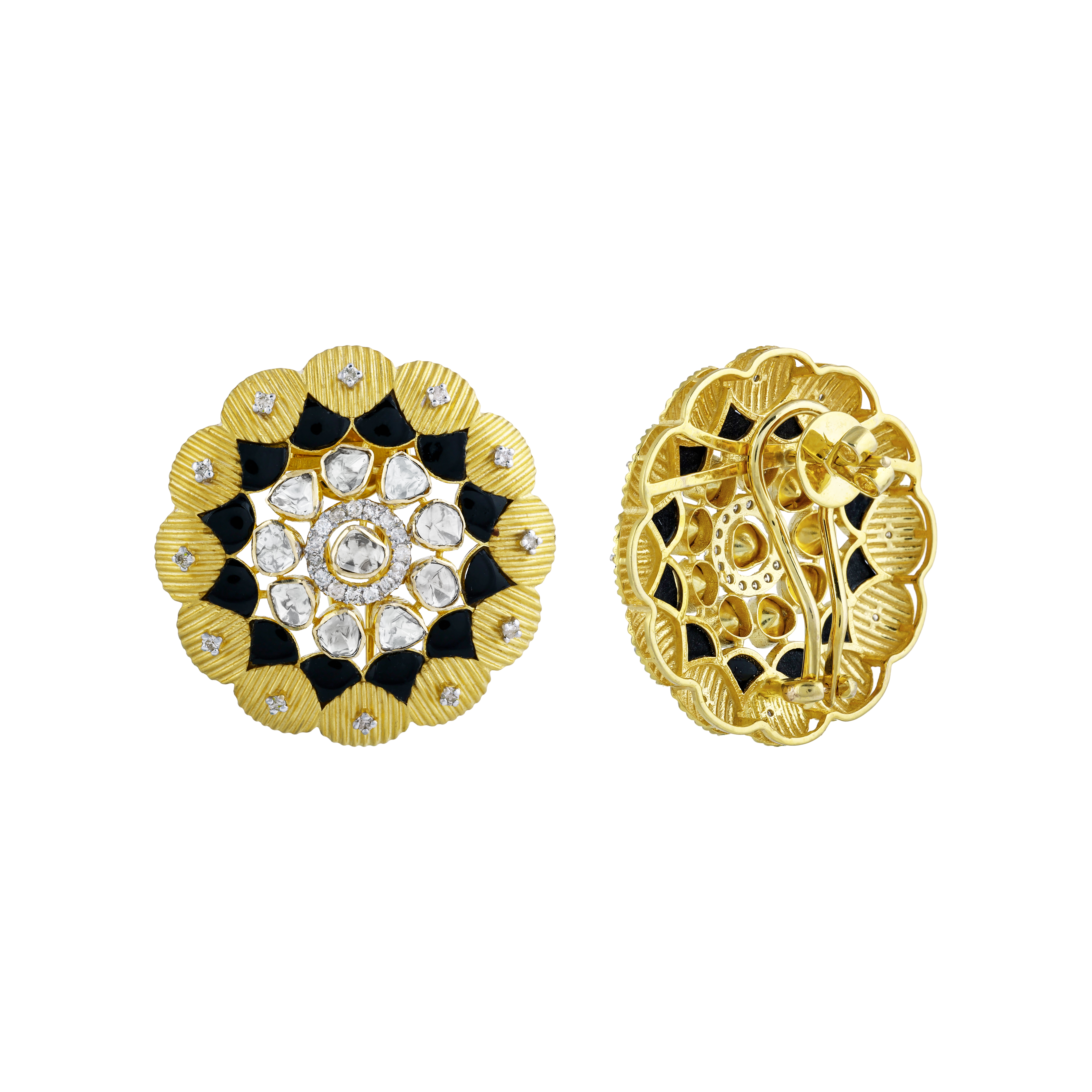 Floral-Inspired Earrings with Uncut Diamonds and Black Enamel