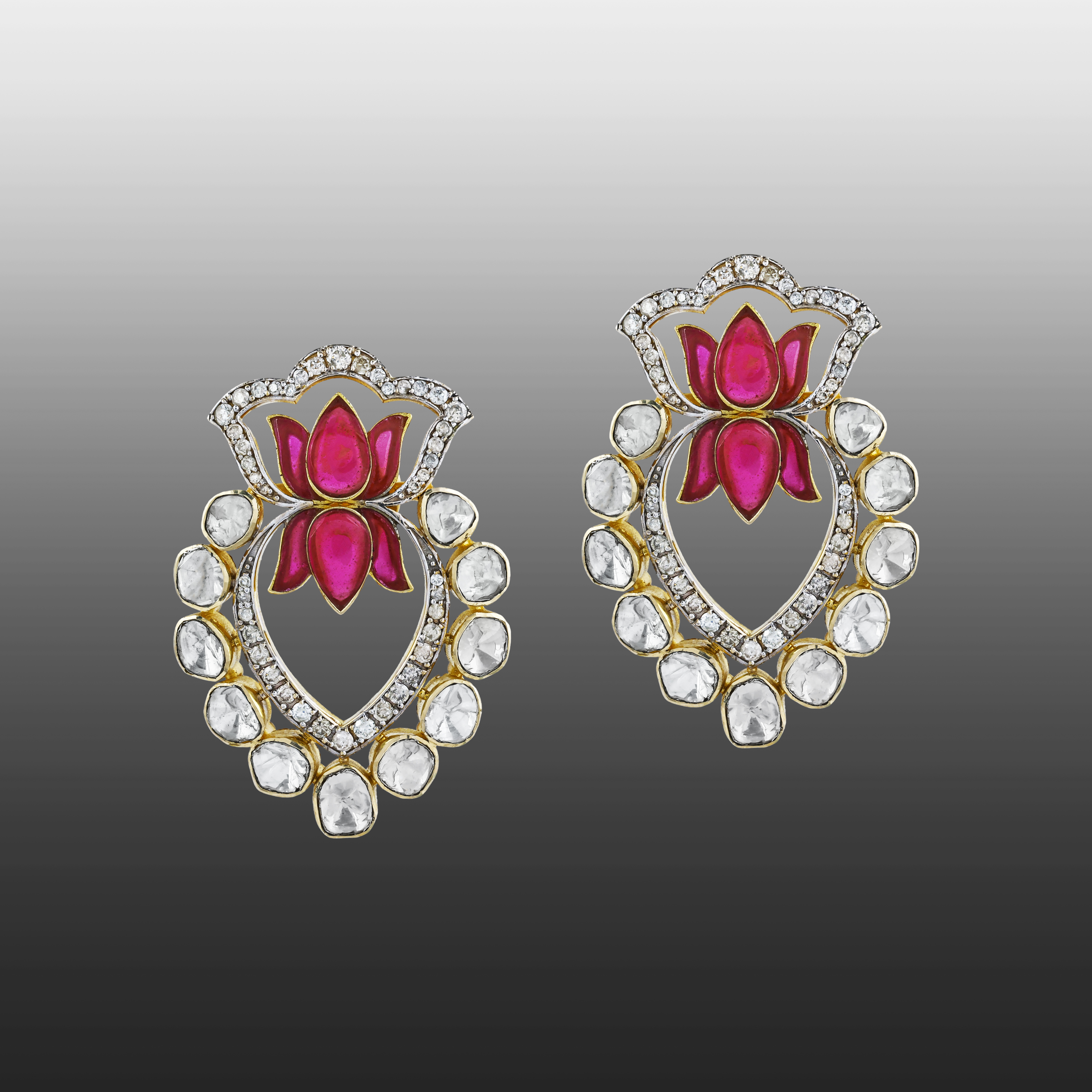 Lotus Motif Earrings with Uncut Diamonds and Red Talaf Accents