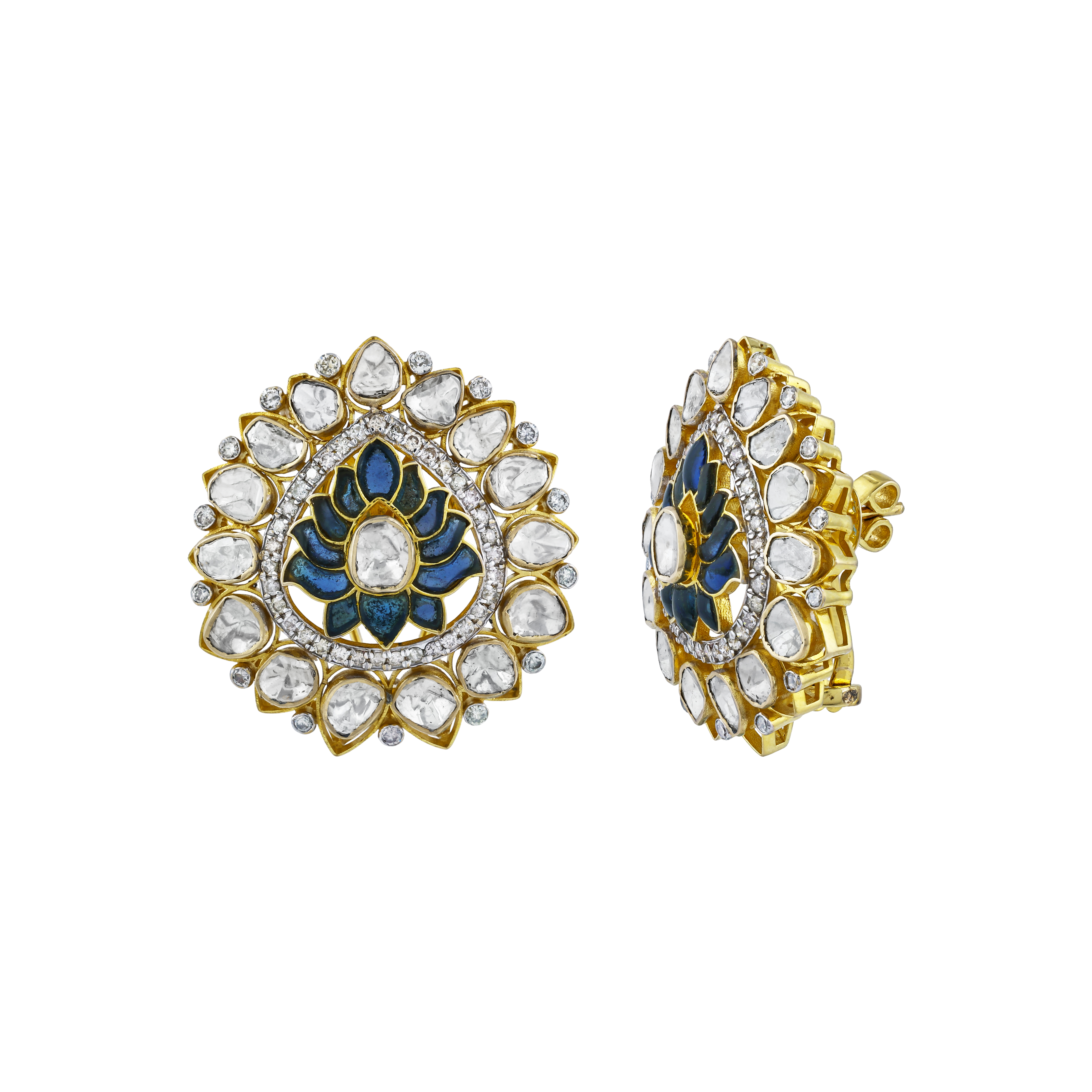 Blue Talaf Lotus Earrings with Uncut Diamonds