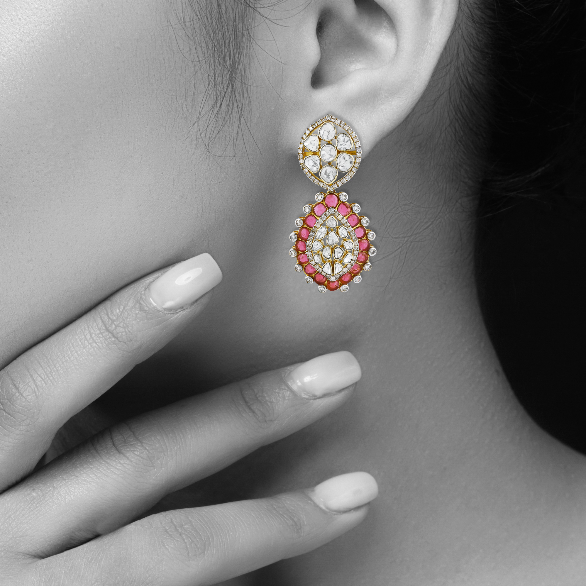 Earrings with Uncut Diamonds and Pink Colour Stone Accents