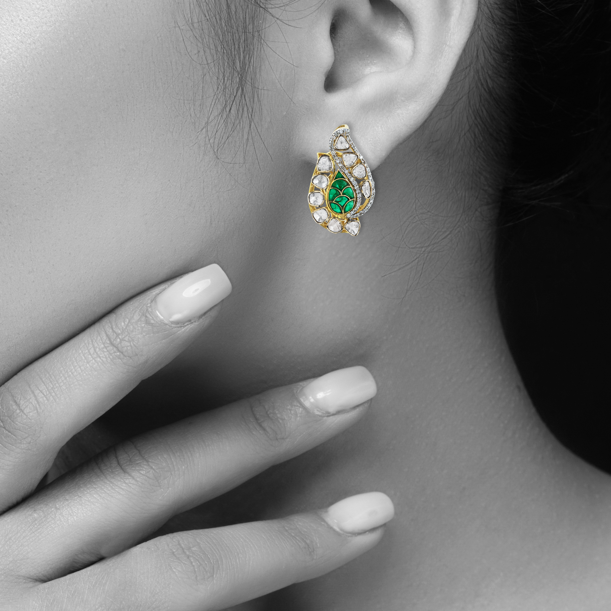 Leafy Earrings with Uncut Diamond Polki and Vibrant Green Accents