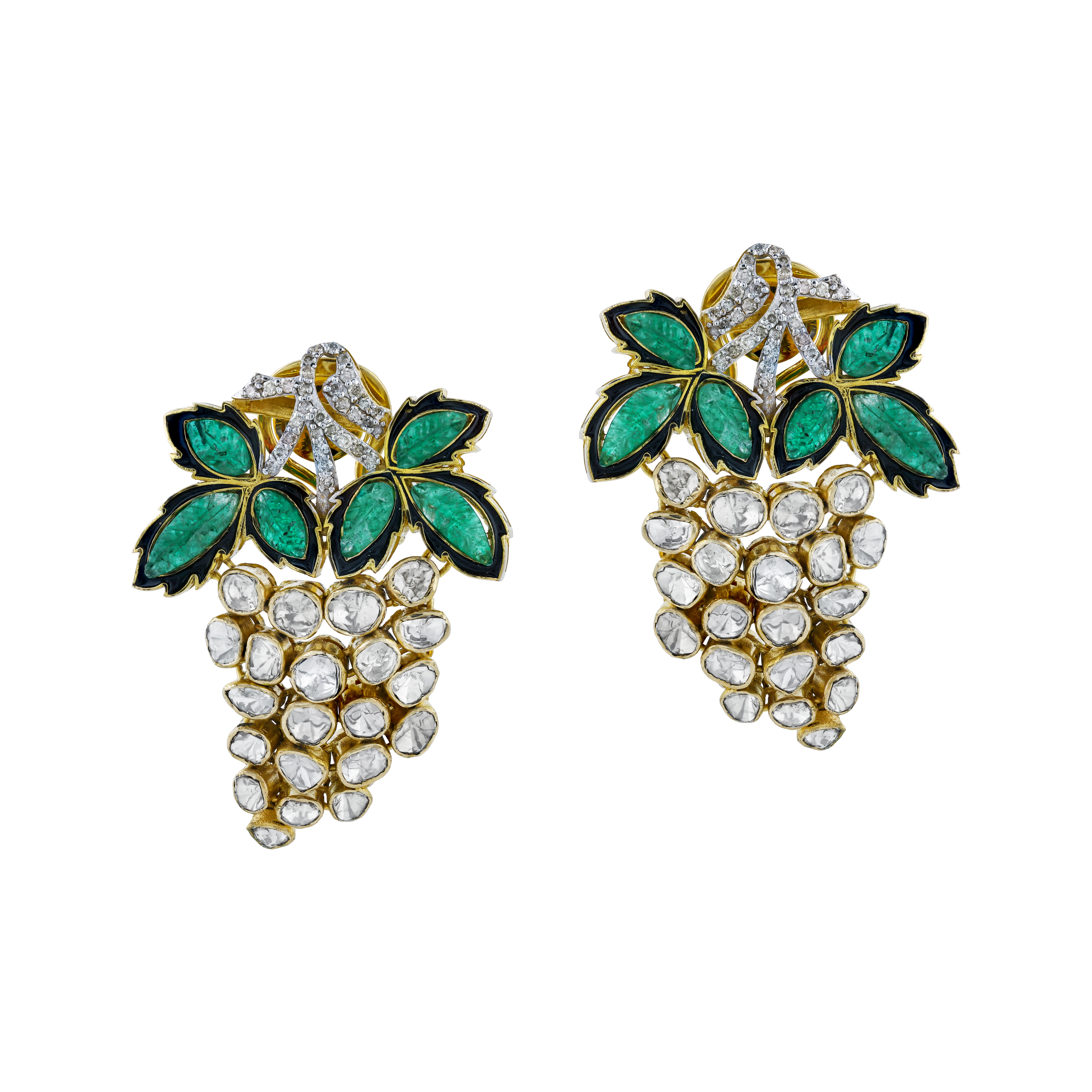Cluster of Grapes Earrings with Uncut Diamond Polki and Green Talafs