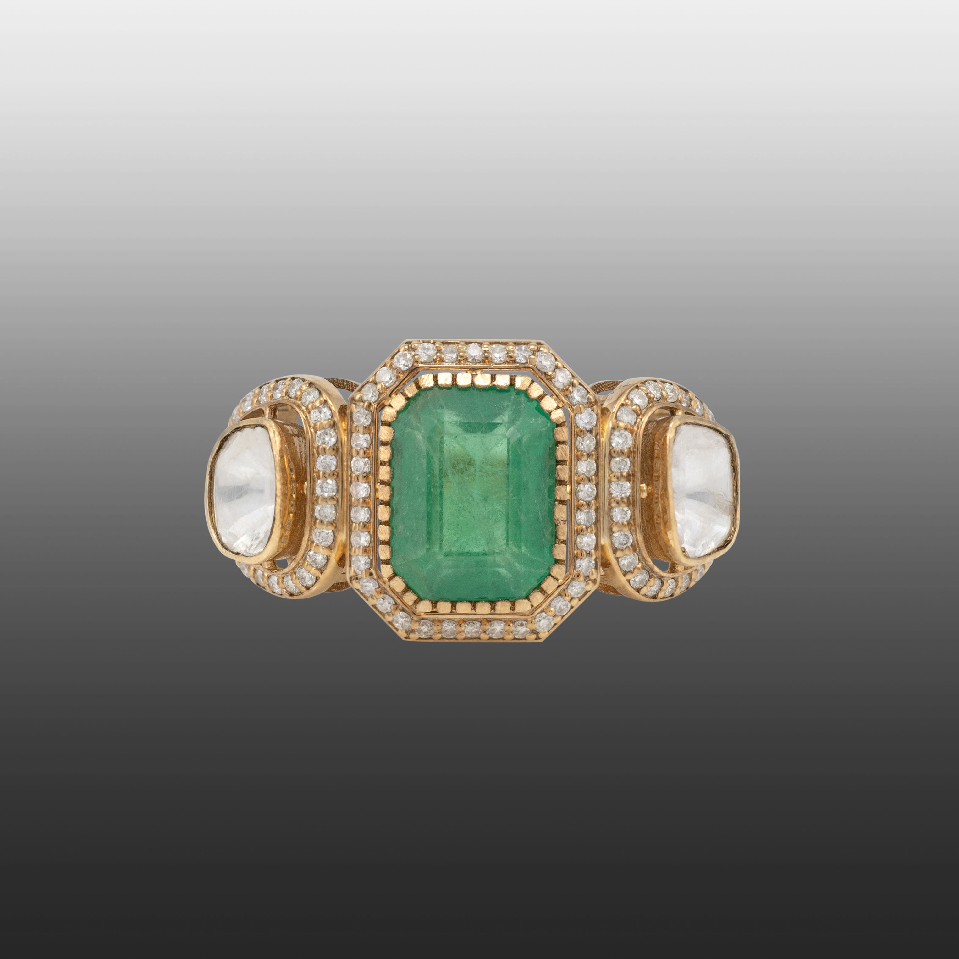 Emerald Polki Ring with Diamond Halo