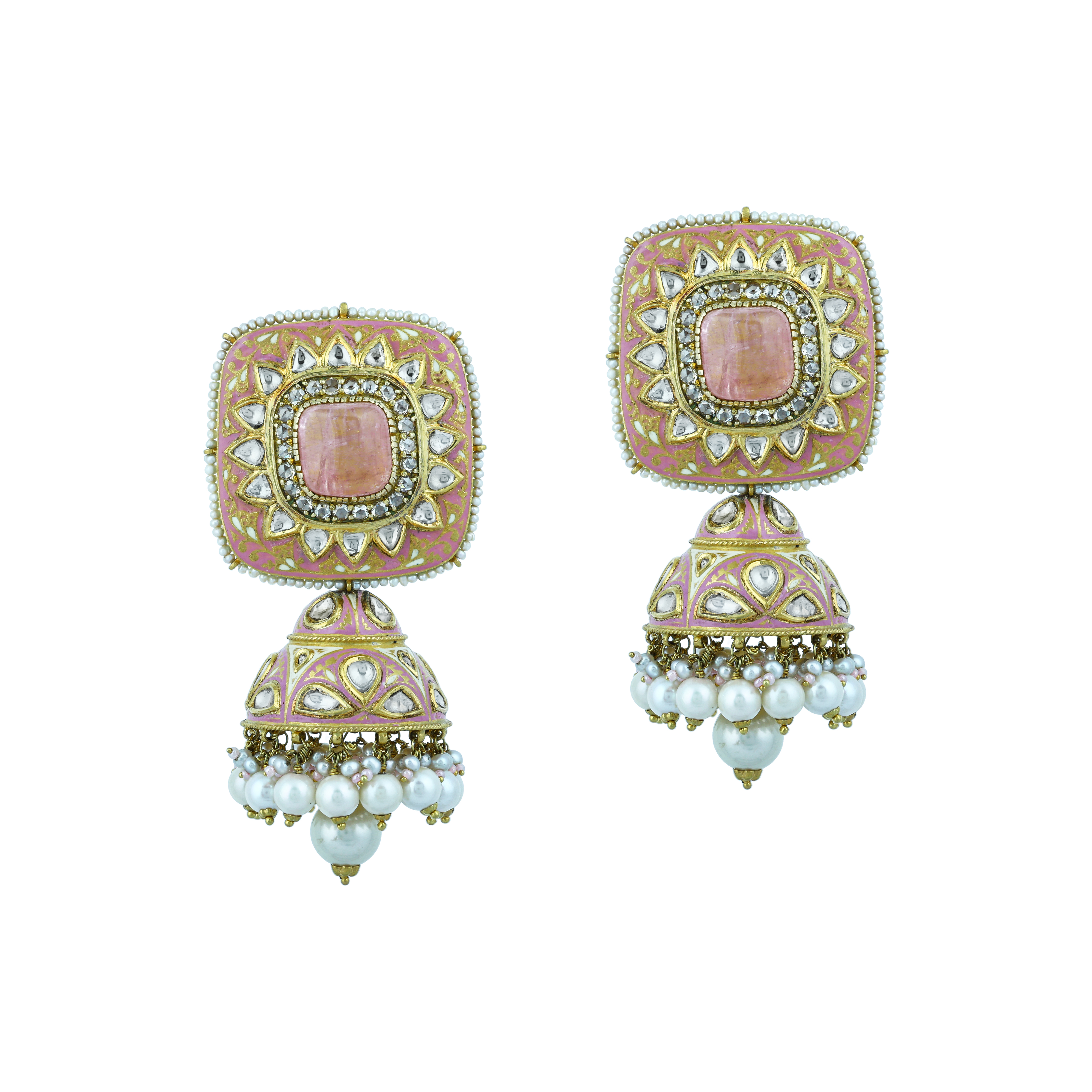 Rose Enamel Choker Set with Square Polki and Pearl Drops