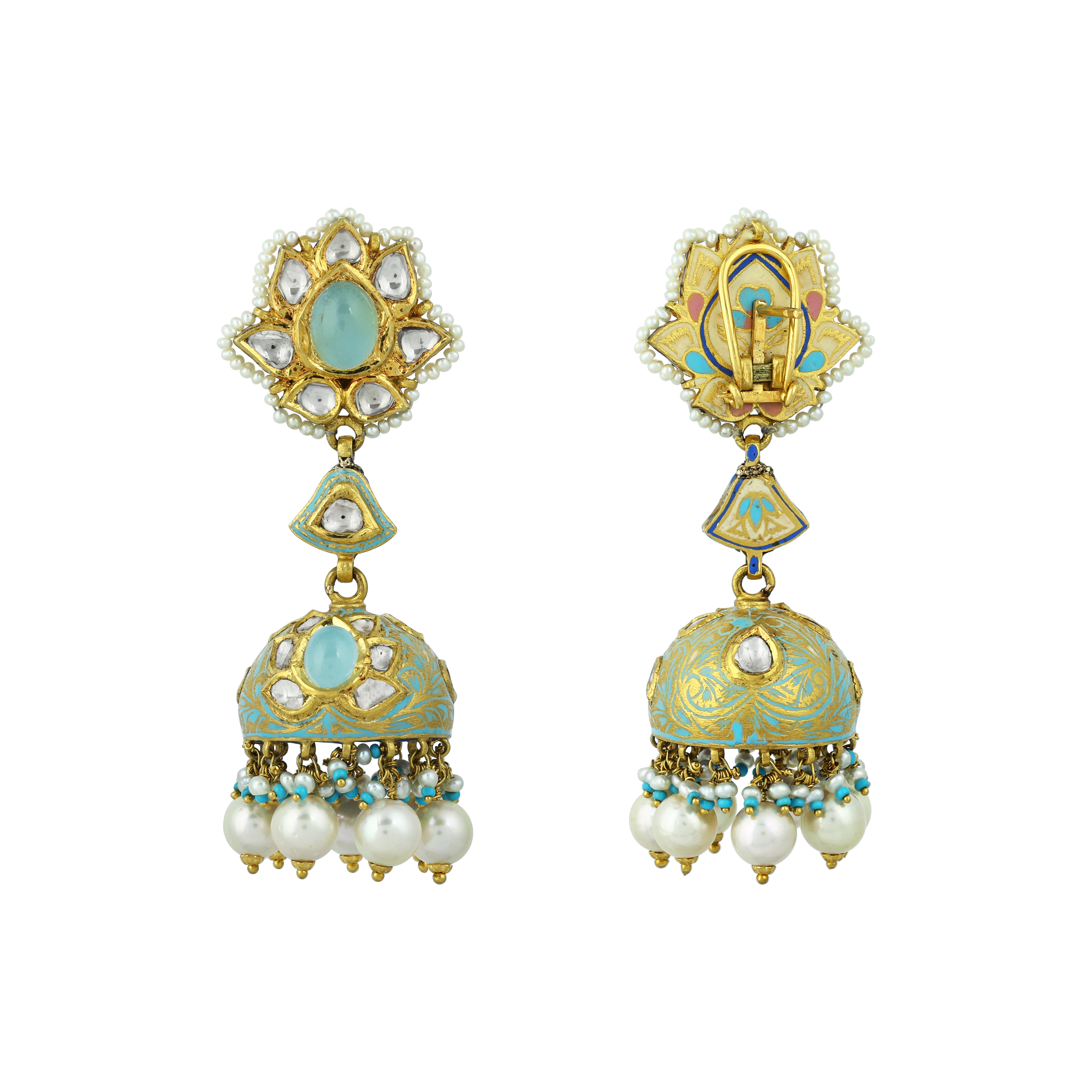 Multi-Strand Pearl Necklace Set with Polki Pendant and Blue Enamel