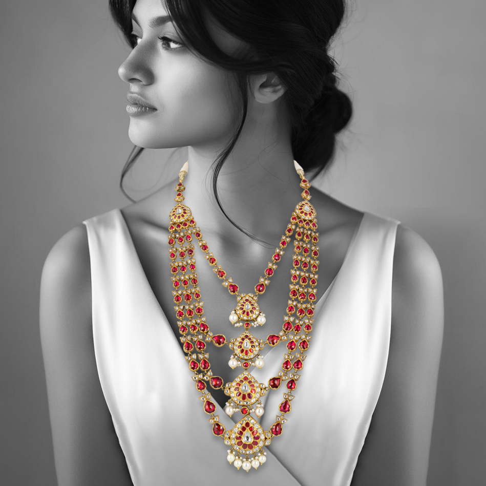 Quad Layer Necklace with Red Stones, Uncut Diamonds & Pearl Drops