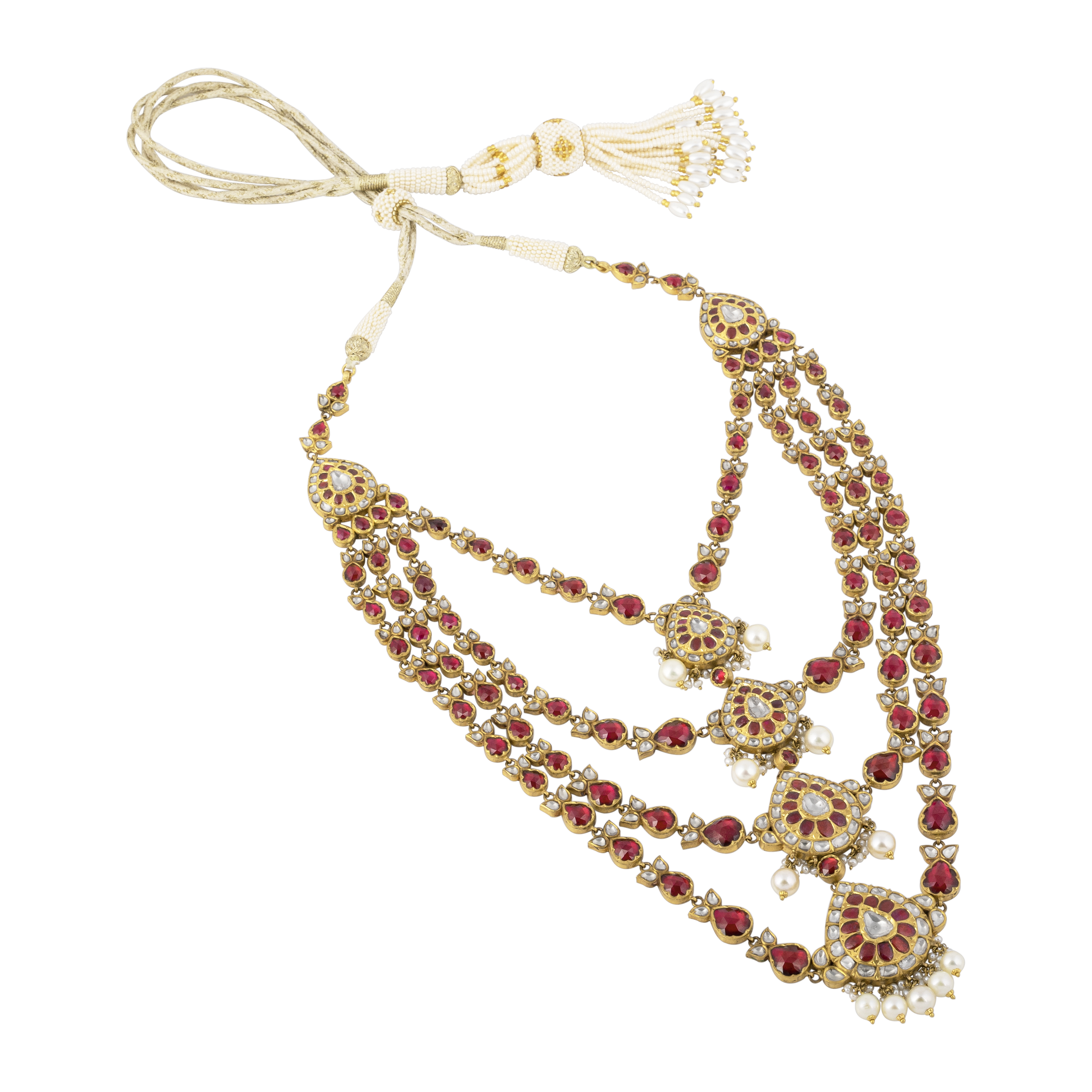 Quad Layer Necklace with Red Stones, Uncut Diamonds & Pearl Drops