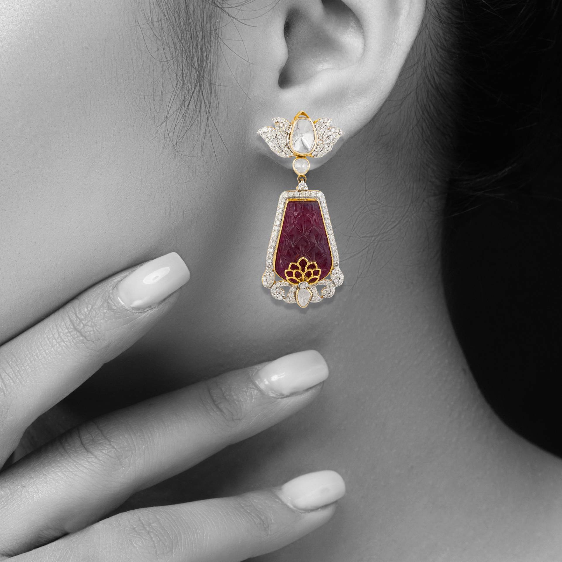 Carved Red Centerpiece Polki Earrings with Diamond Lotus Motif