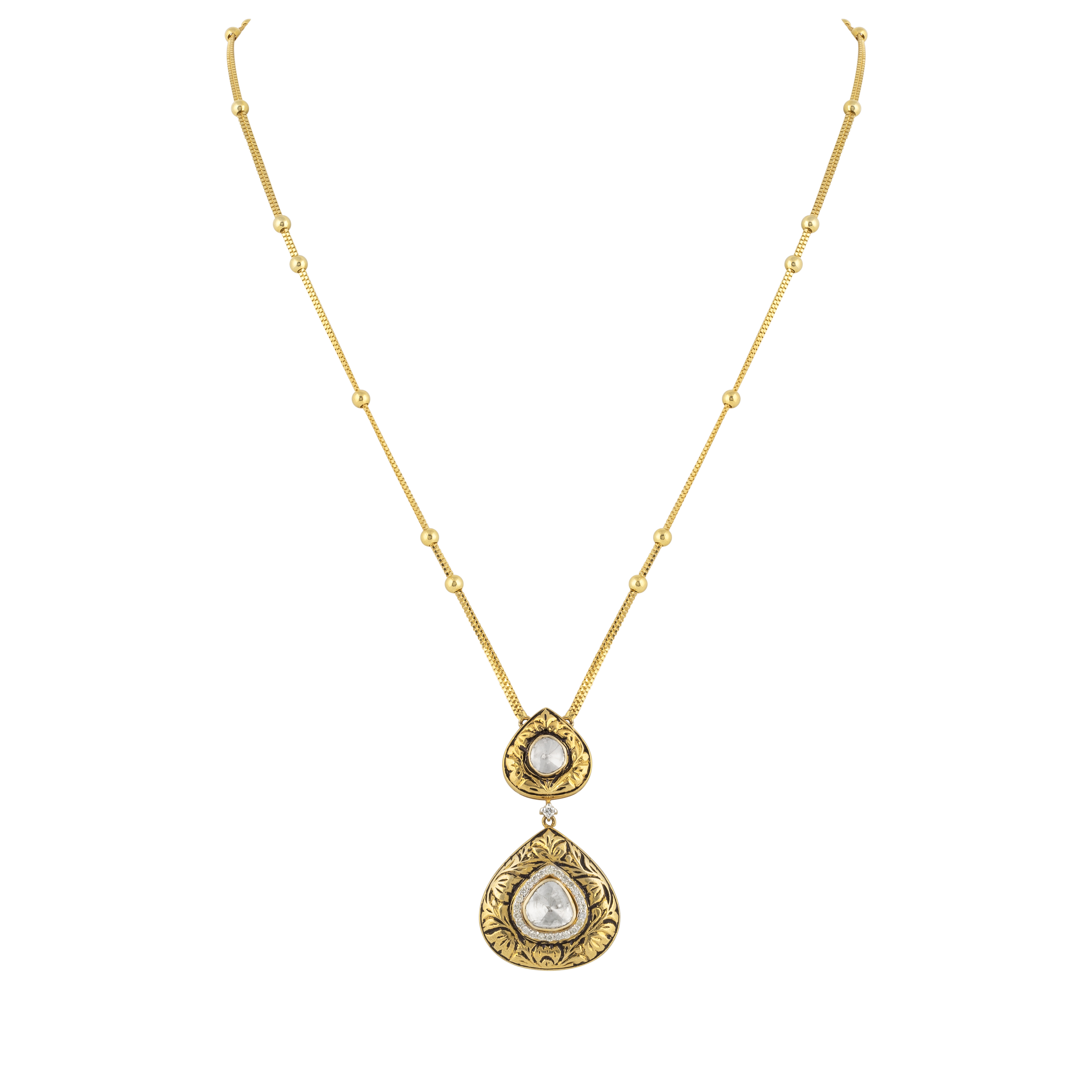 Double-Tiered Uncut Diamond Polki Pendant with Partash Work