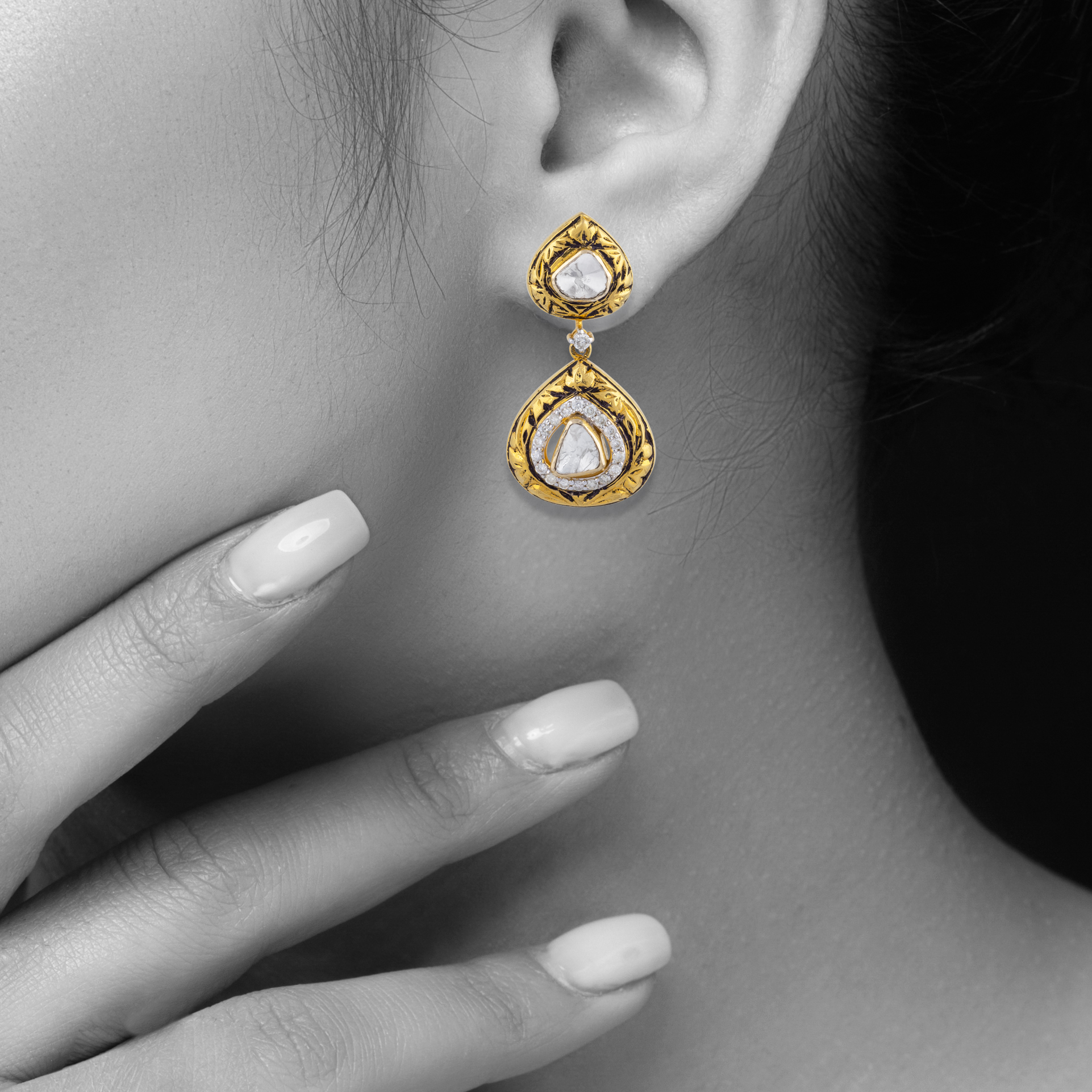 Teardrop Uncut Diamond Polki Earrings with Partash Gold Detailing