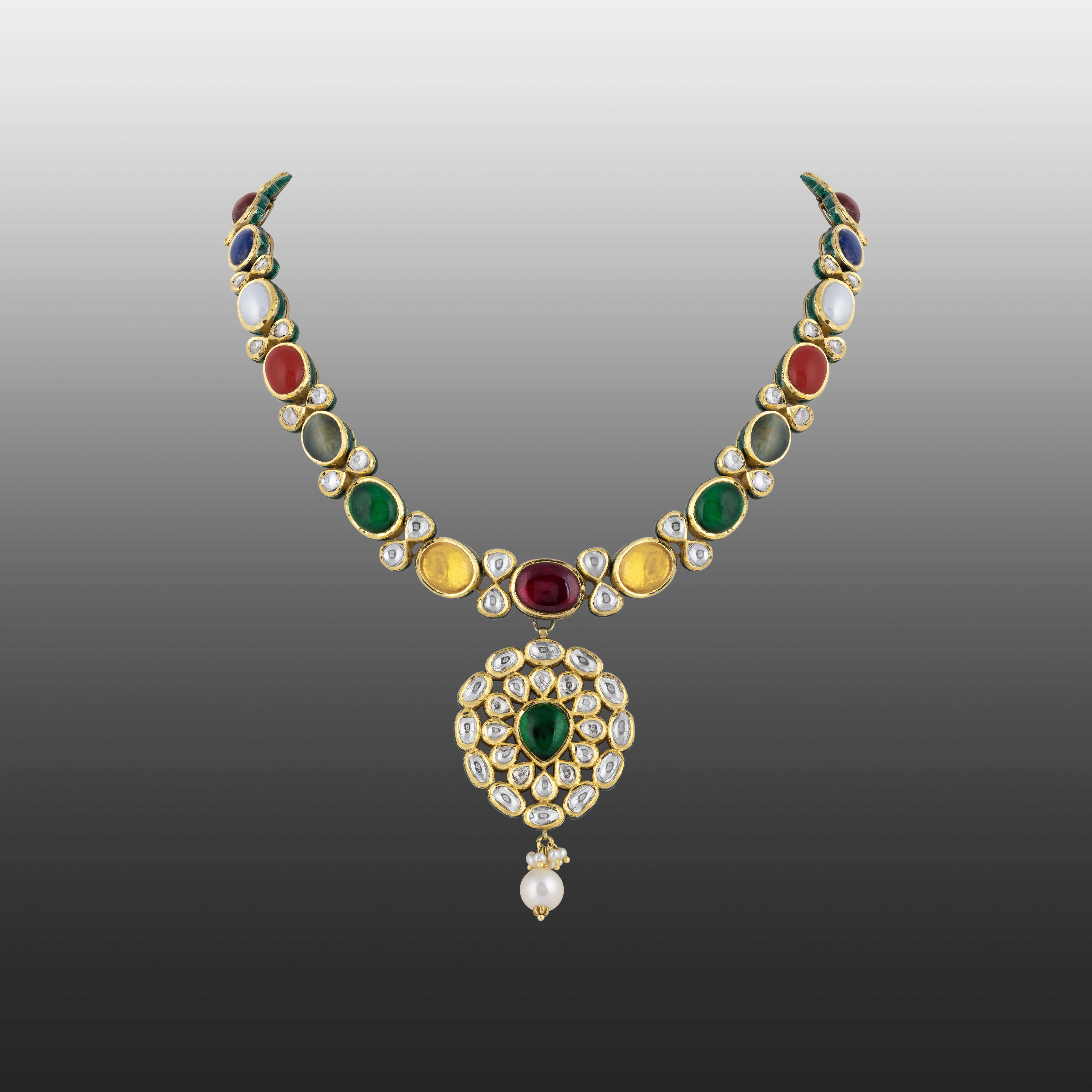 Navratna Necklace with Polki , Pearl & Teardrop Pendant