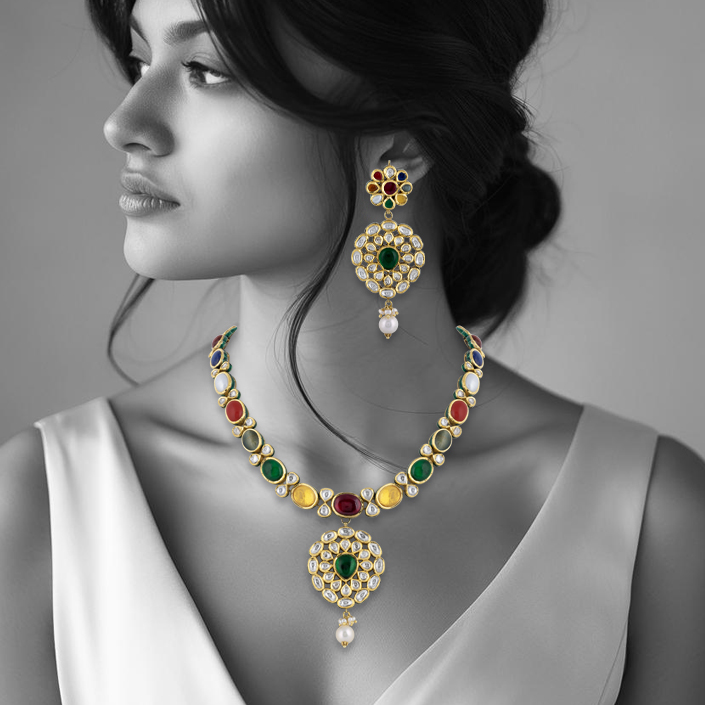 Navratna Necklace with Polki , Pearl & Teardrop Pendant