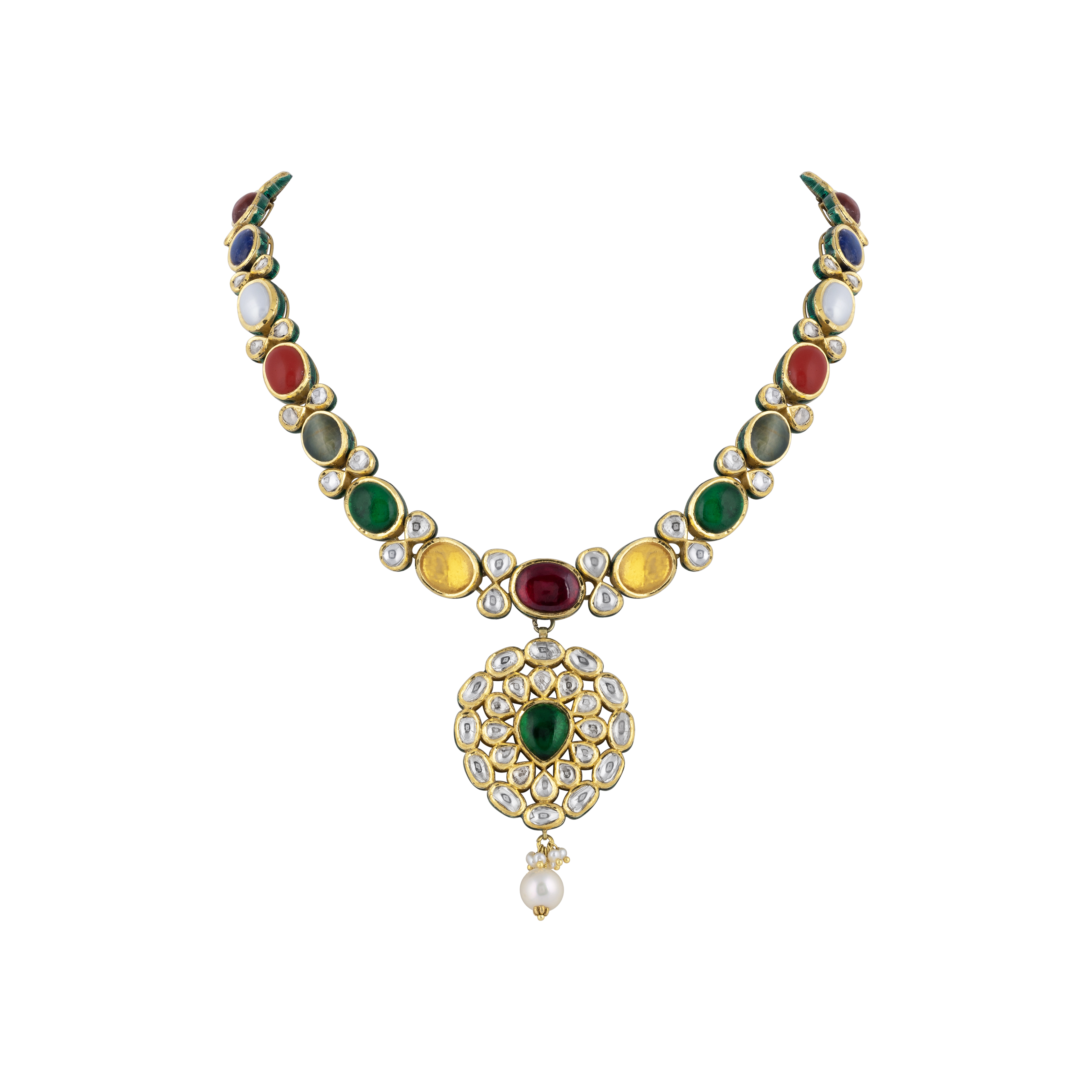 Navratna Necklace with Polki , Pearl & Teardrop Pendant