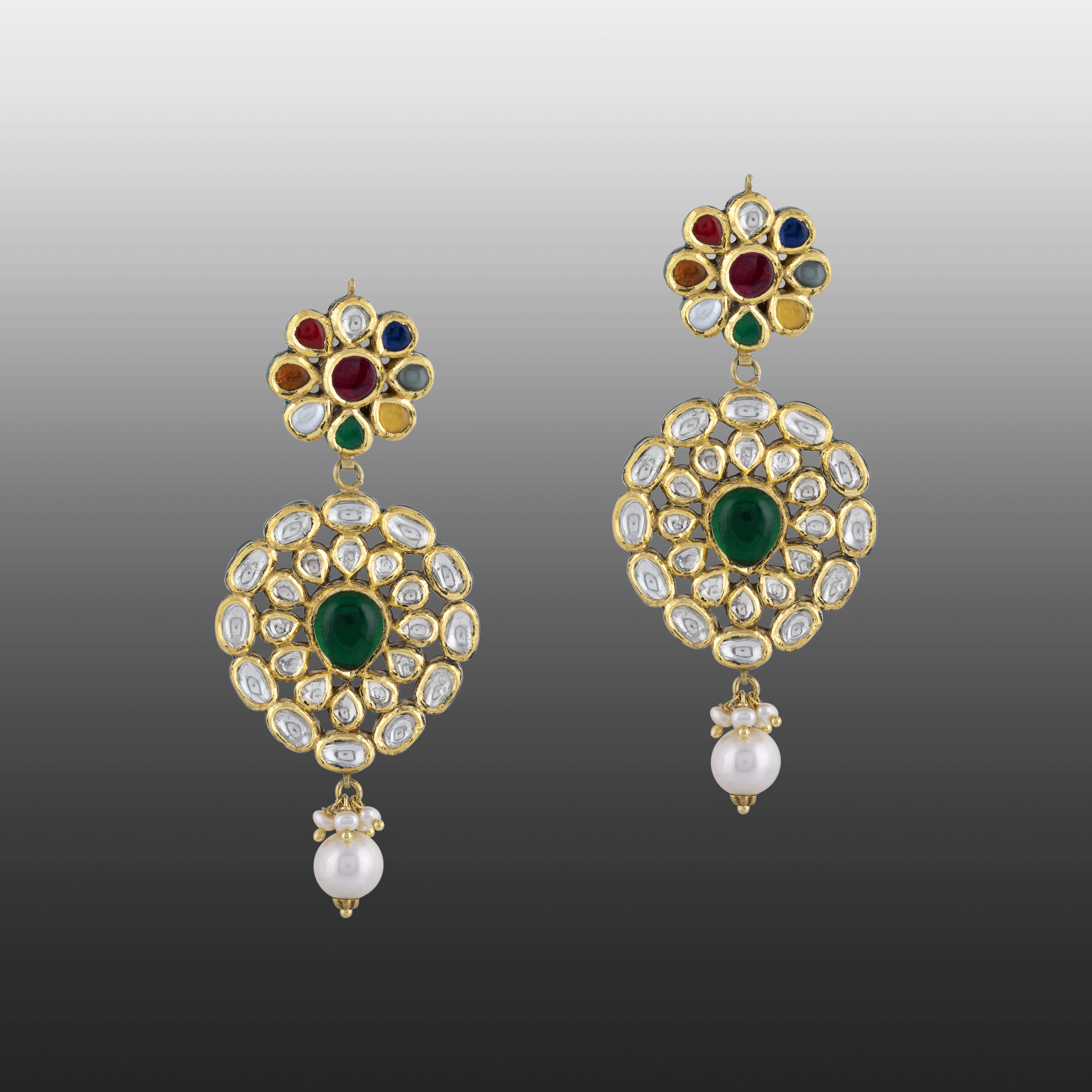 Floral Navratna Earrings with Polki Pear Drop