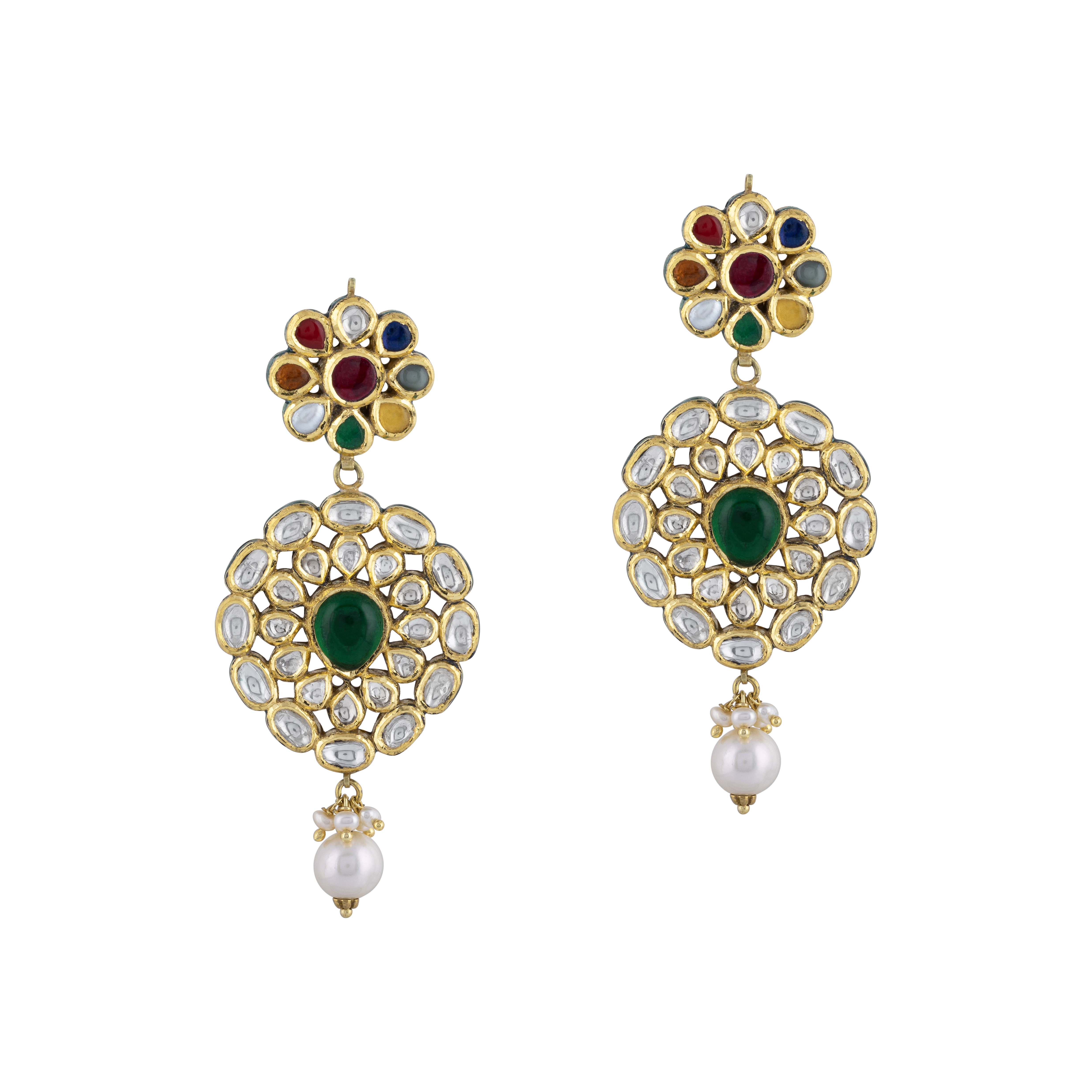 Floral Navratna Earrings with Polki Pear Drop