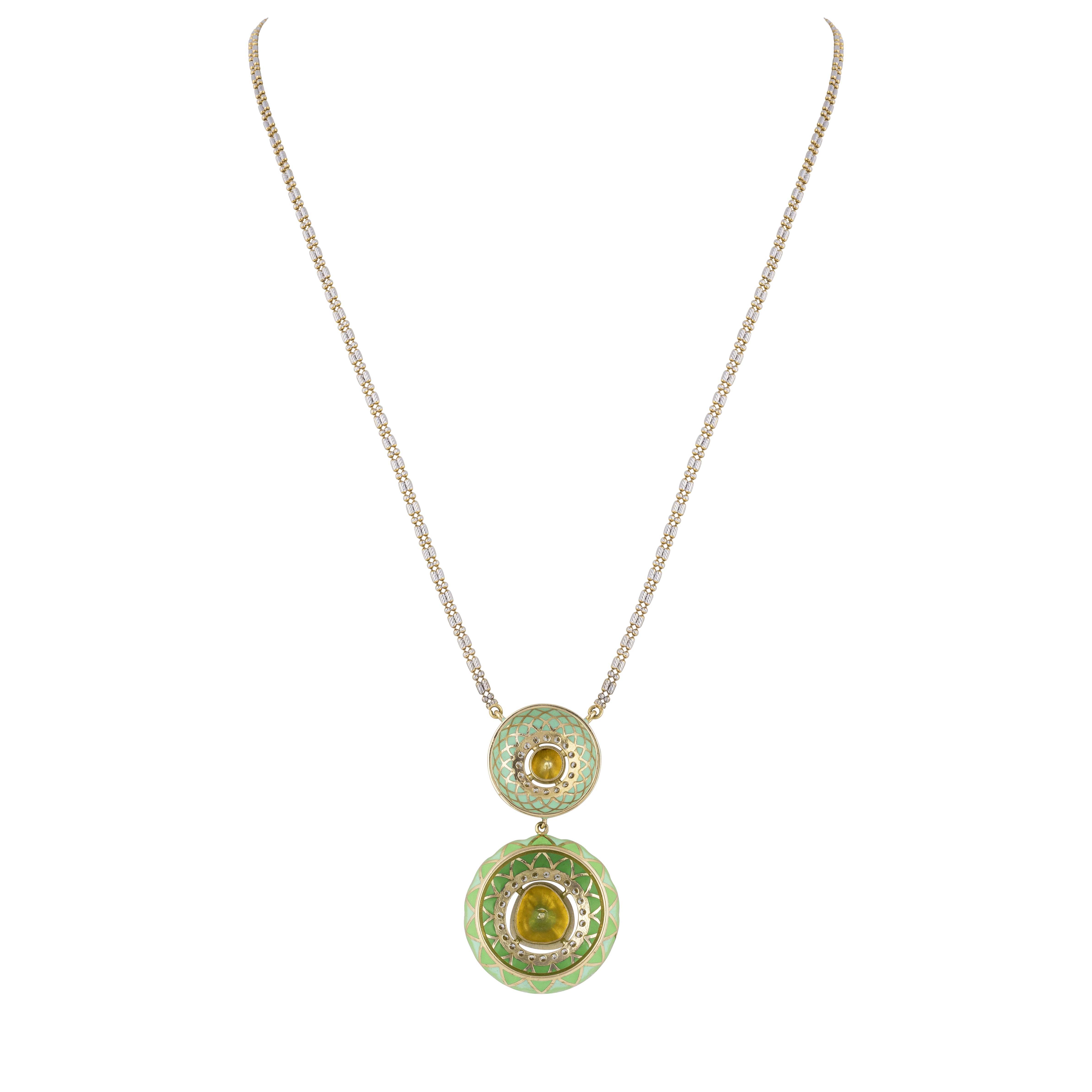 Two-tiered Polki Pendant with Pastel Green Enamel