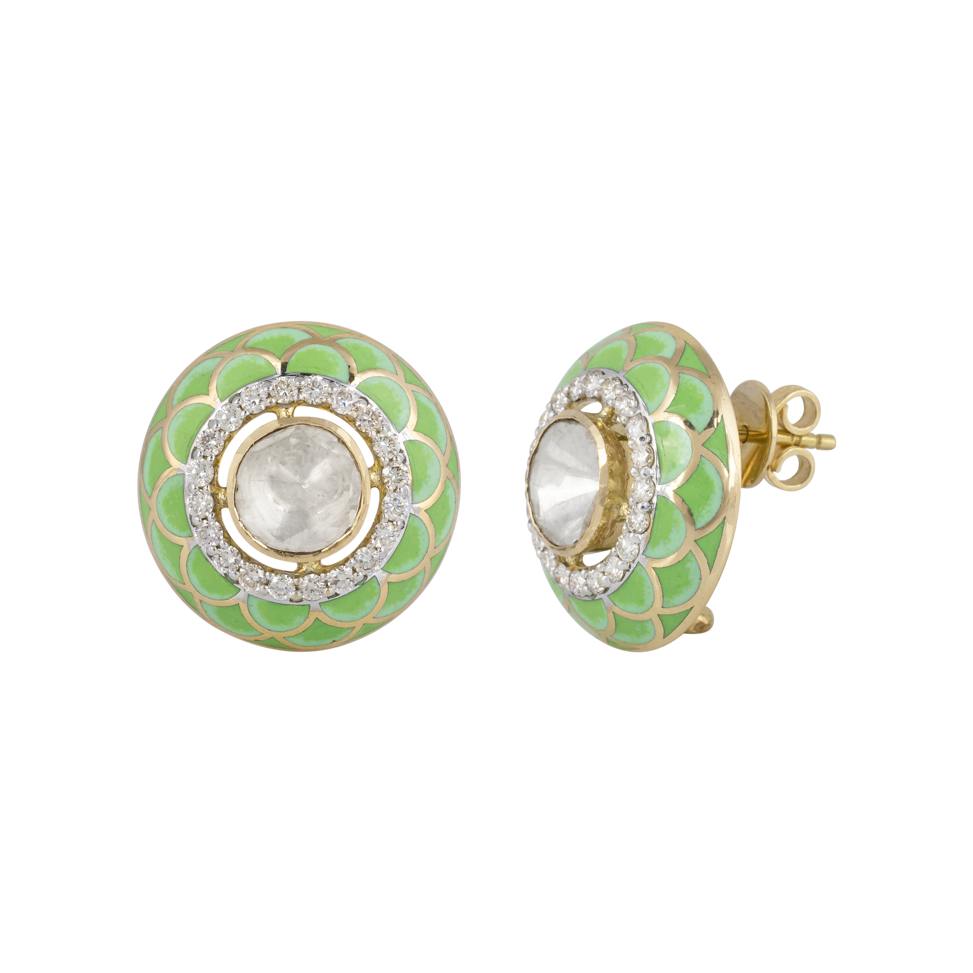 Pastel Green Enamel Stud Earrings with Polki and Diamonds