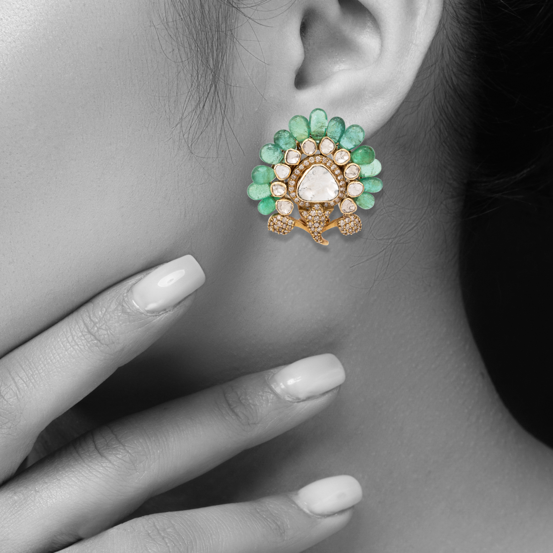 Antique Finish Emerald Floral Statement Studs