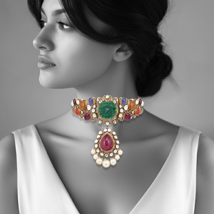 Antique Navratan Choker with Uncut Polkis and Cabochons