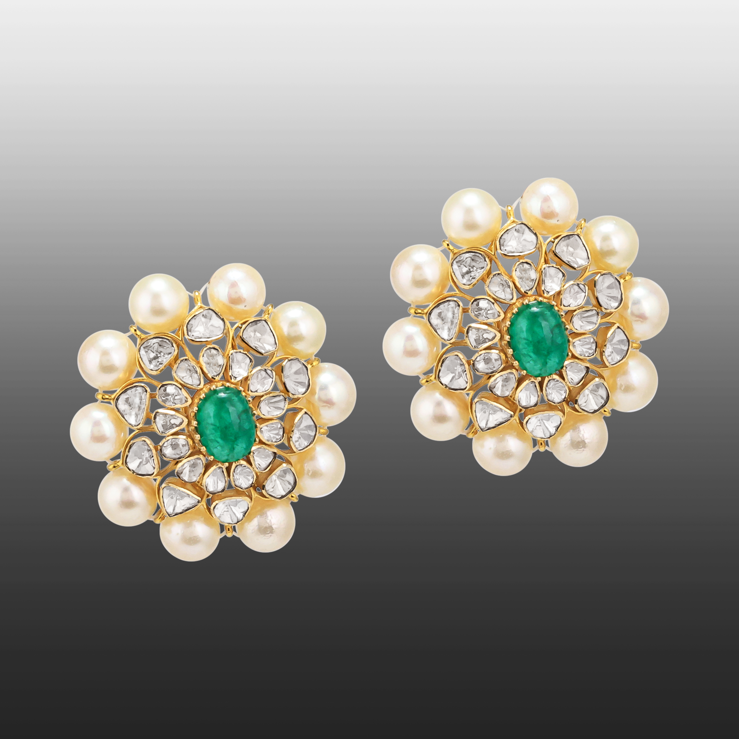Emerald-Centred Polki Studs with Pearl Border