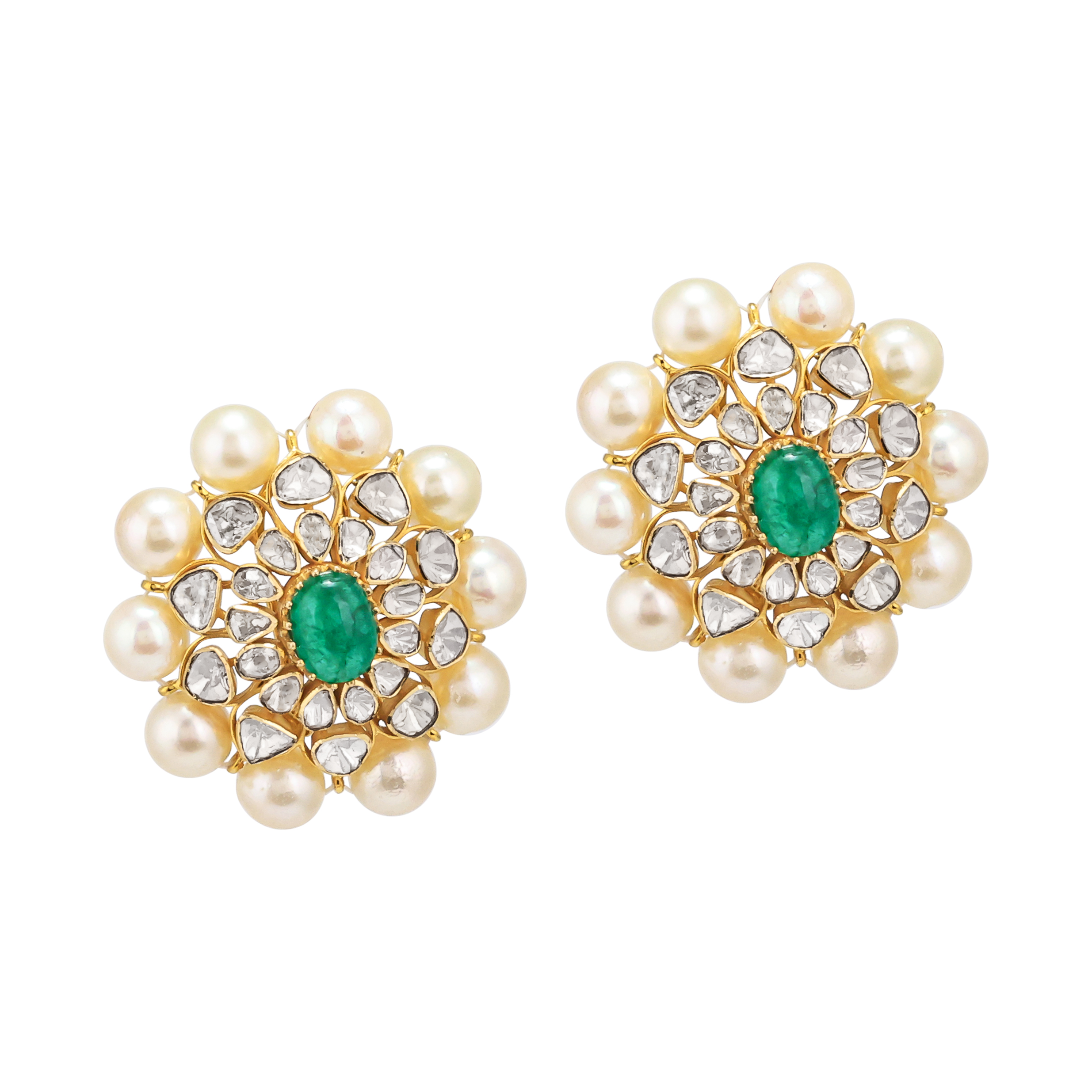 Emerald-Centred Polki Studs with Pearl Border