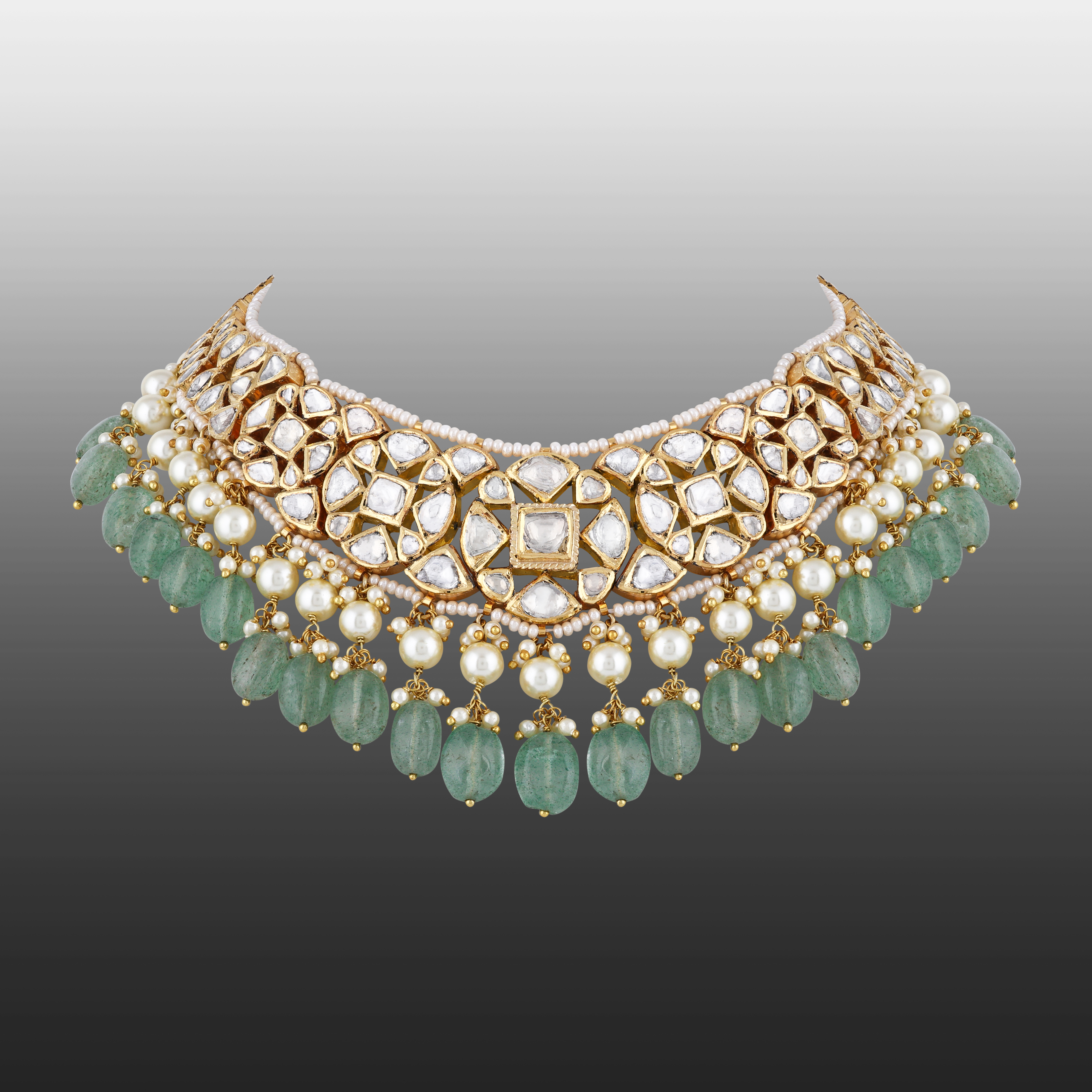 Floral Polki Necklace with Emerald Maniya and Pearls