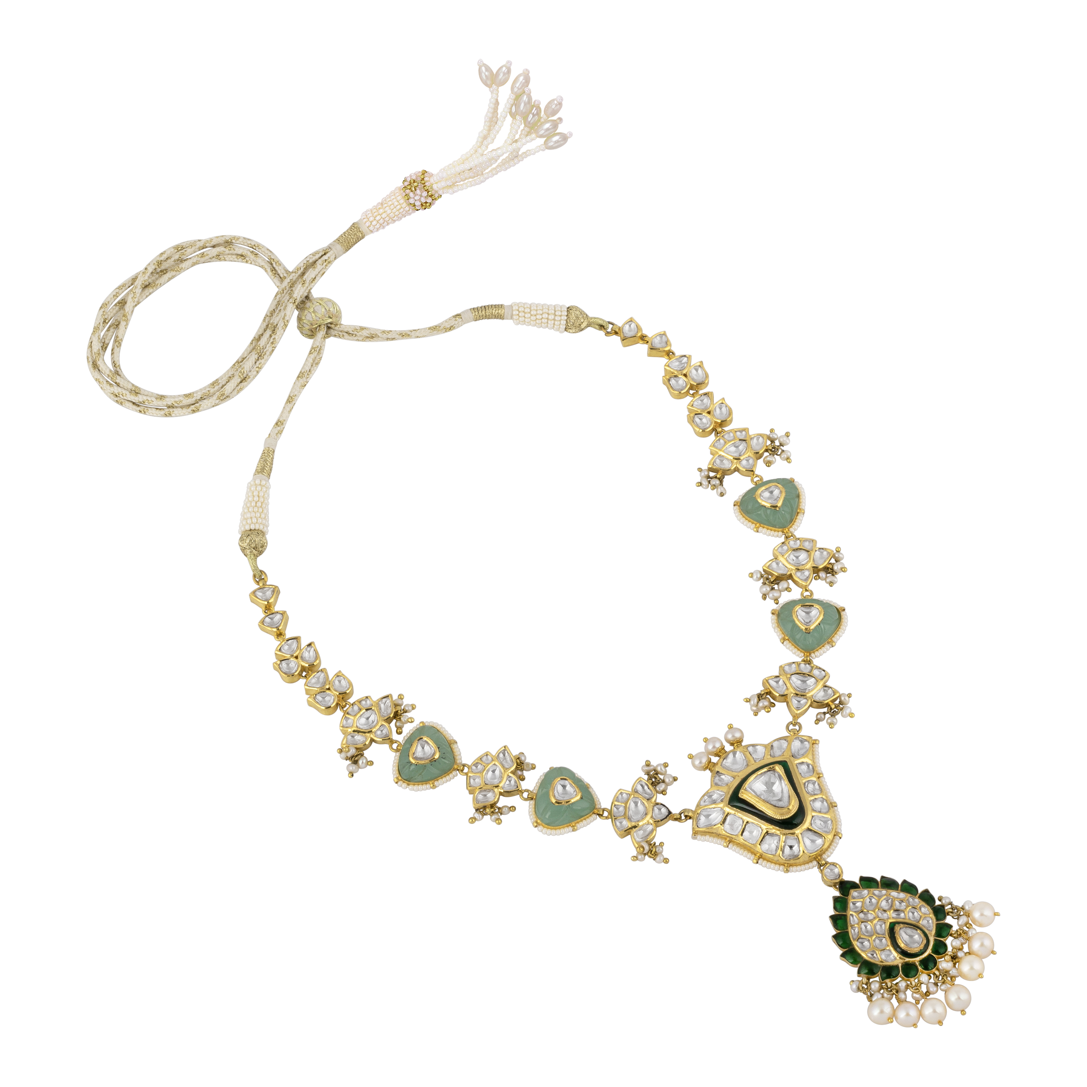 Teardrop Polki Necklace with Green Talaf Stones, Carved Emerald and Pearls