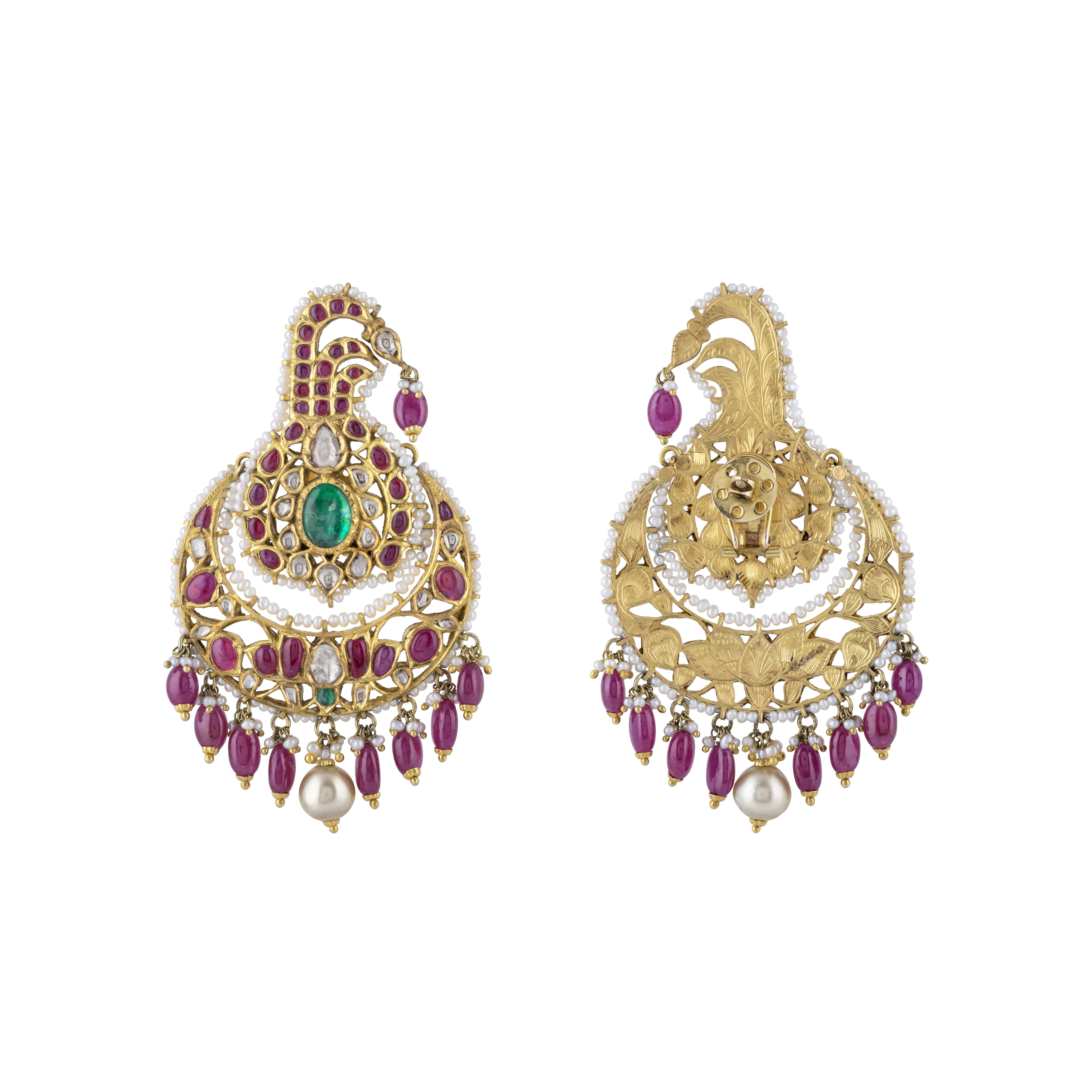 Uncut Diamond Polki Cuff Earring with Pink Talaf , Emerald & Pearls