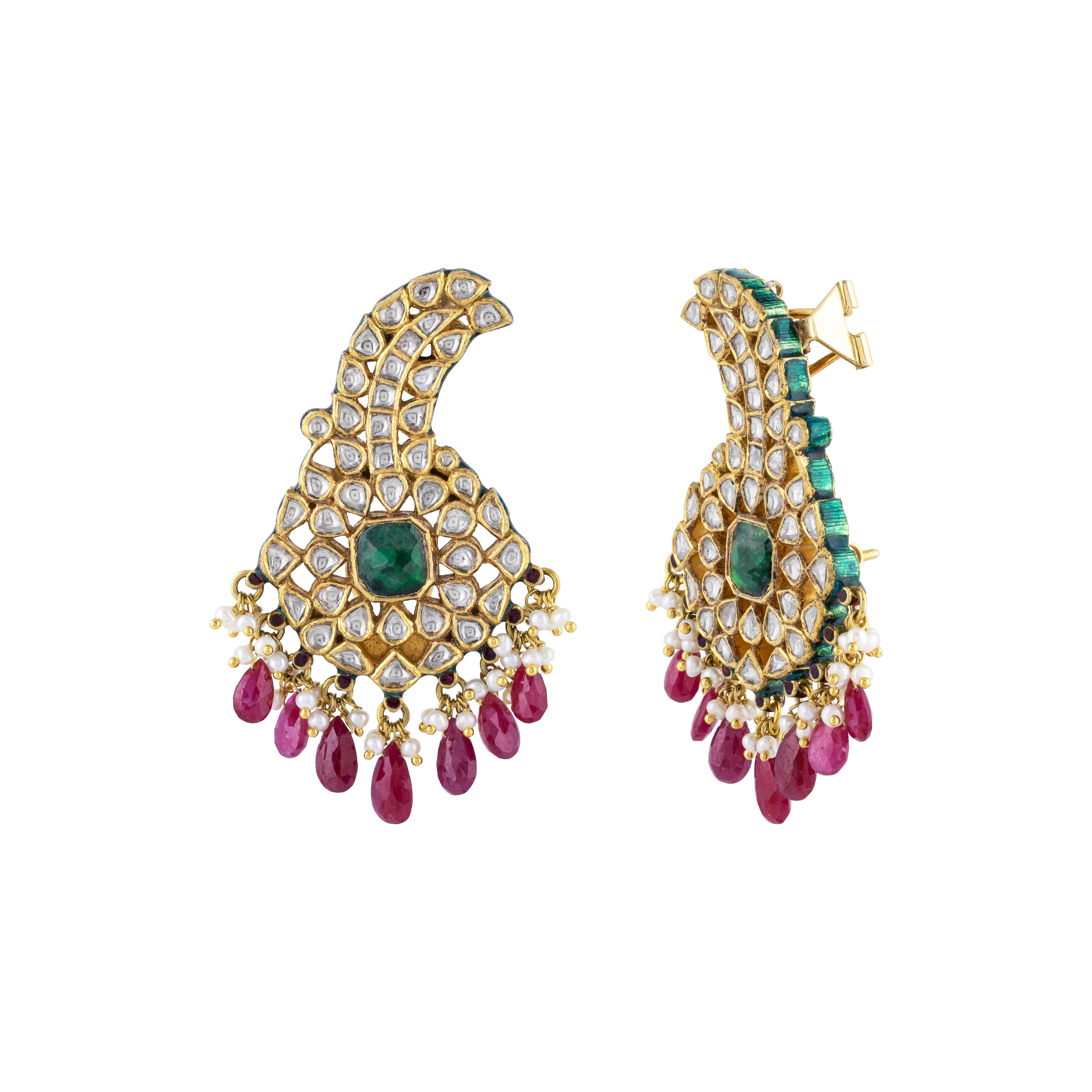 Emerald-Centered Cuff Earring with Uncut Diamond Polki & Pink Drops