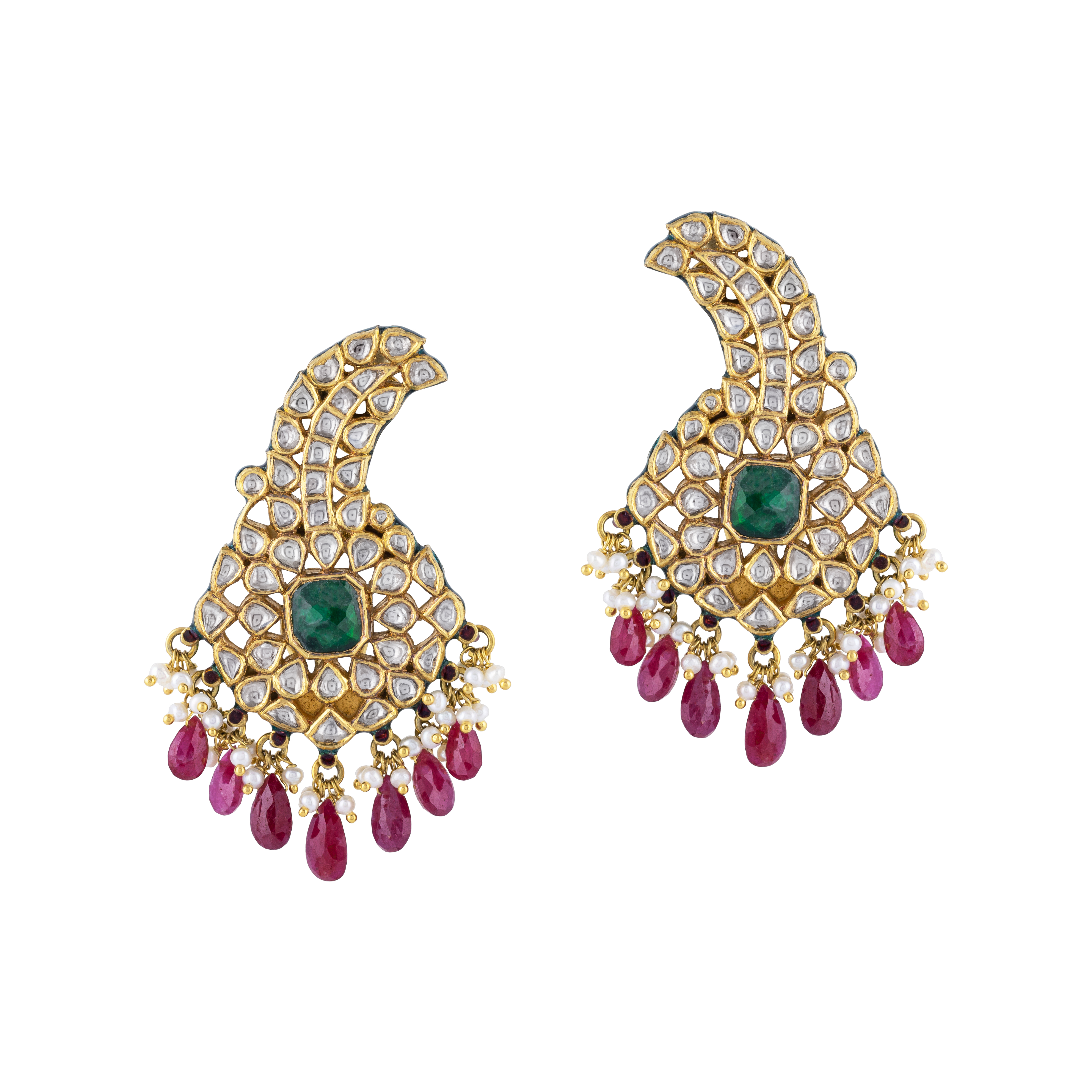 Emerald-Centered Cuff Earring with Uncut Diamond Polki & Pink Drops