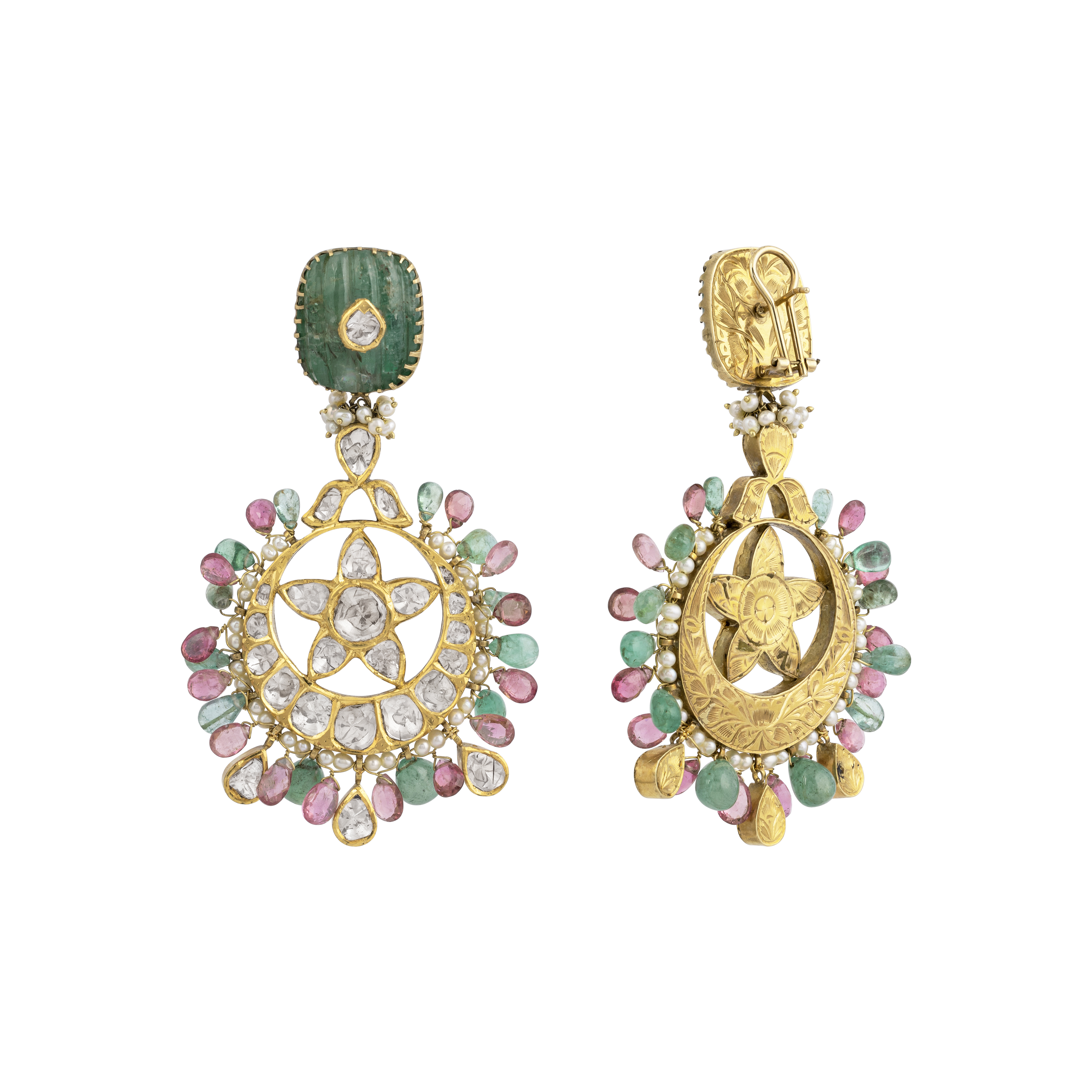 Polki Star Earrings with Multicoloured Gemstones & Jadau Green Stone