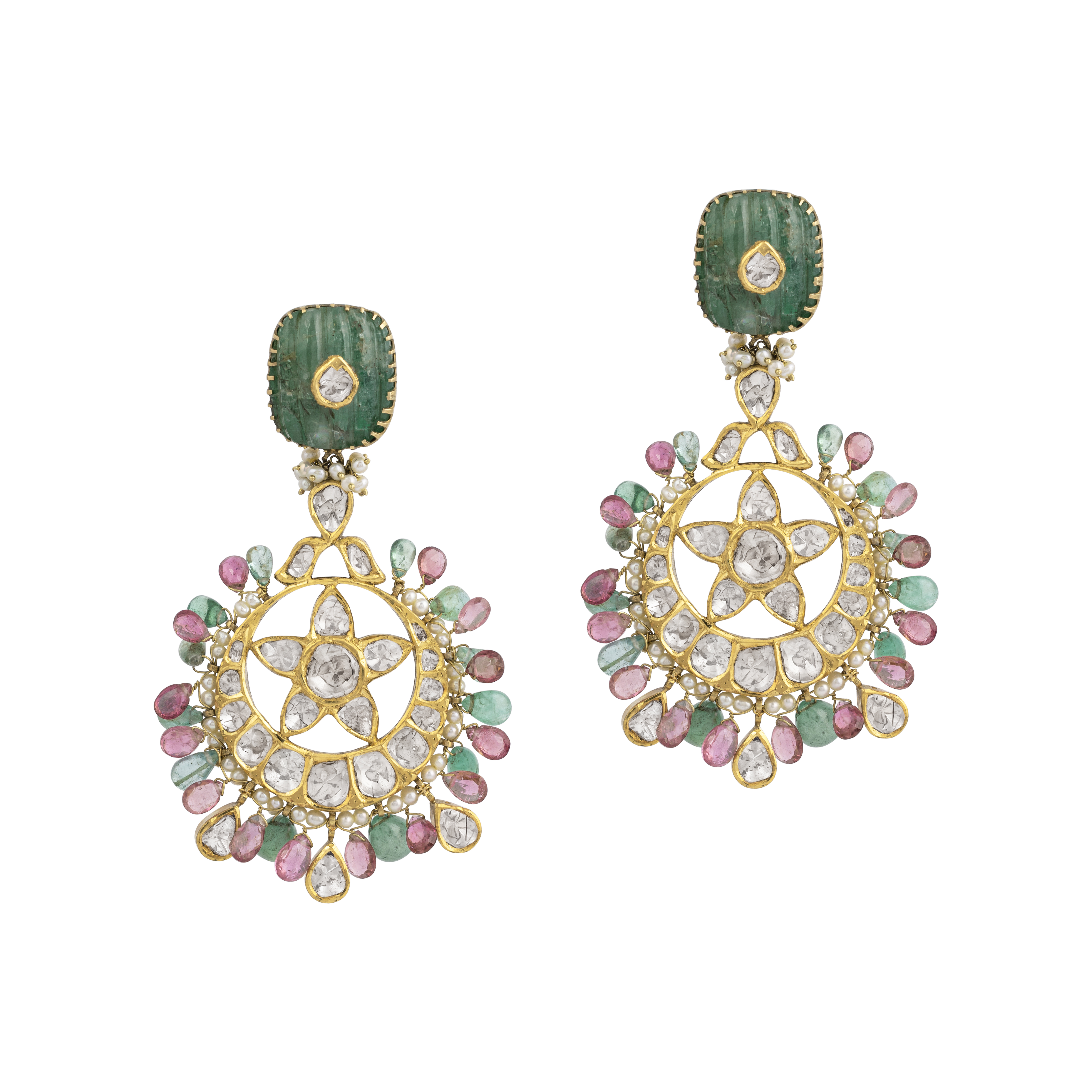 Polki Star Earrings with Multicoloured Gemstones & Jadau Green Stone