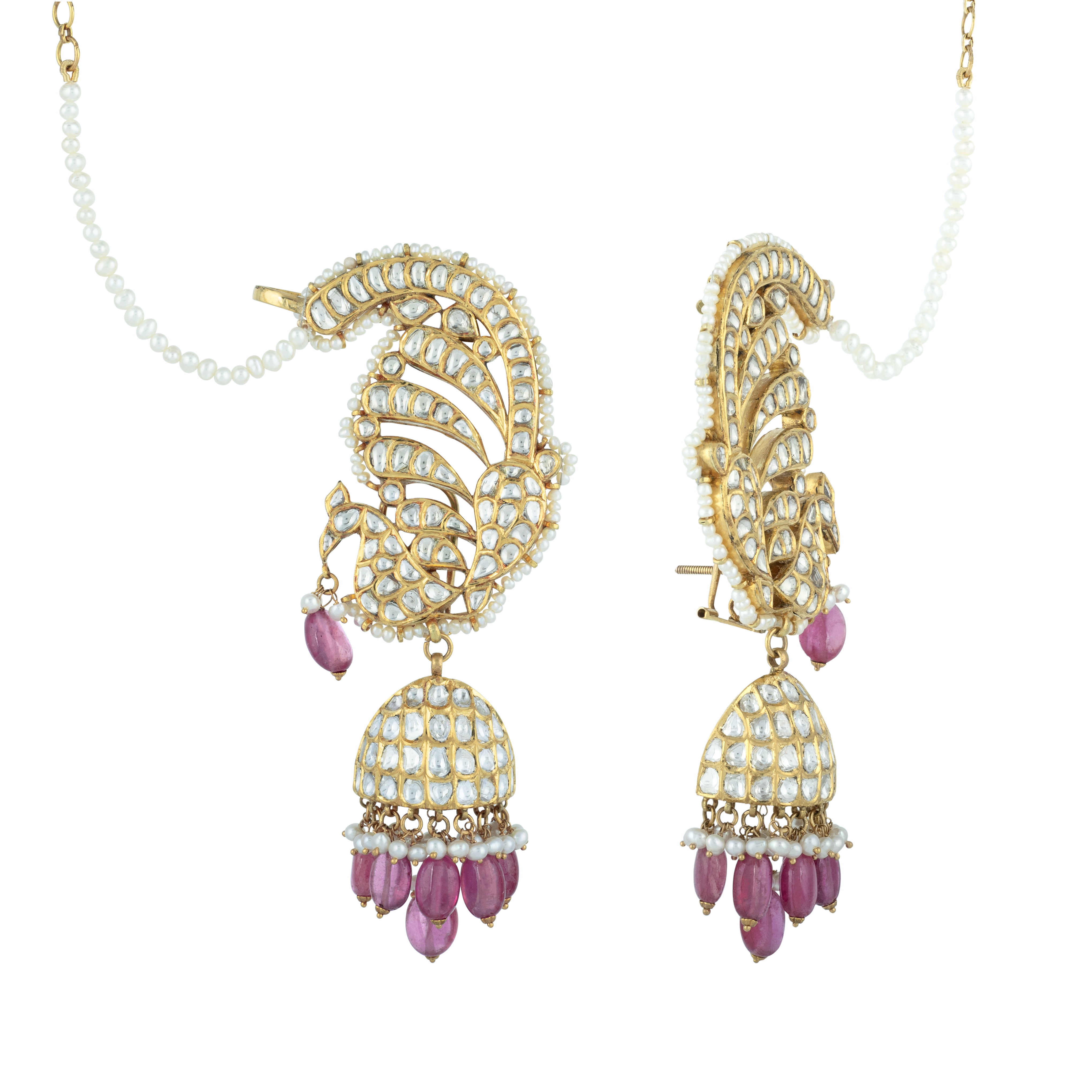 Peacock Polki Cuff Earrings with Pink Bead Jhumki Drops