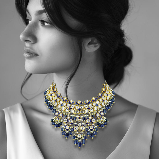 Polki Necklace Set with Blue Sapphire and Pearl Drops