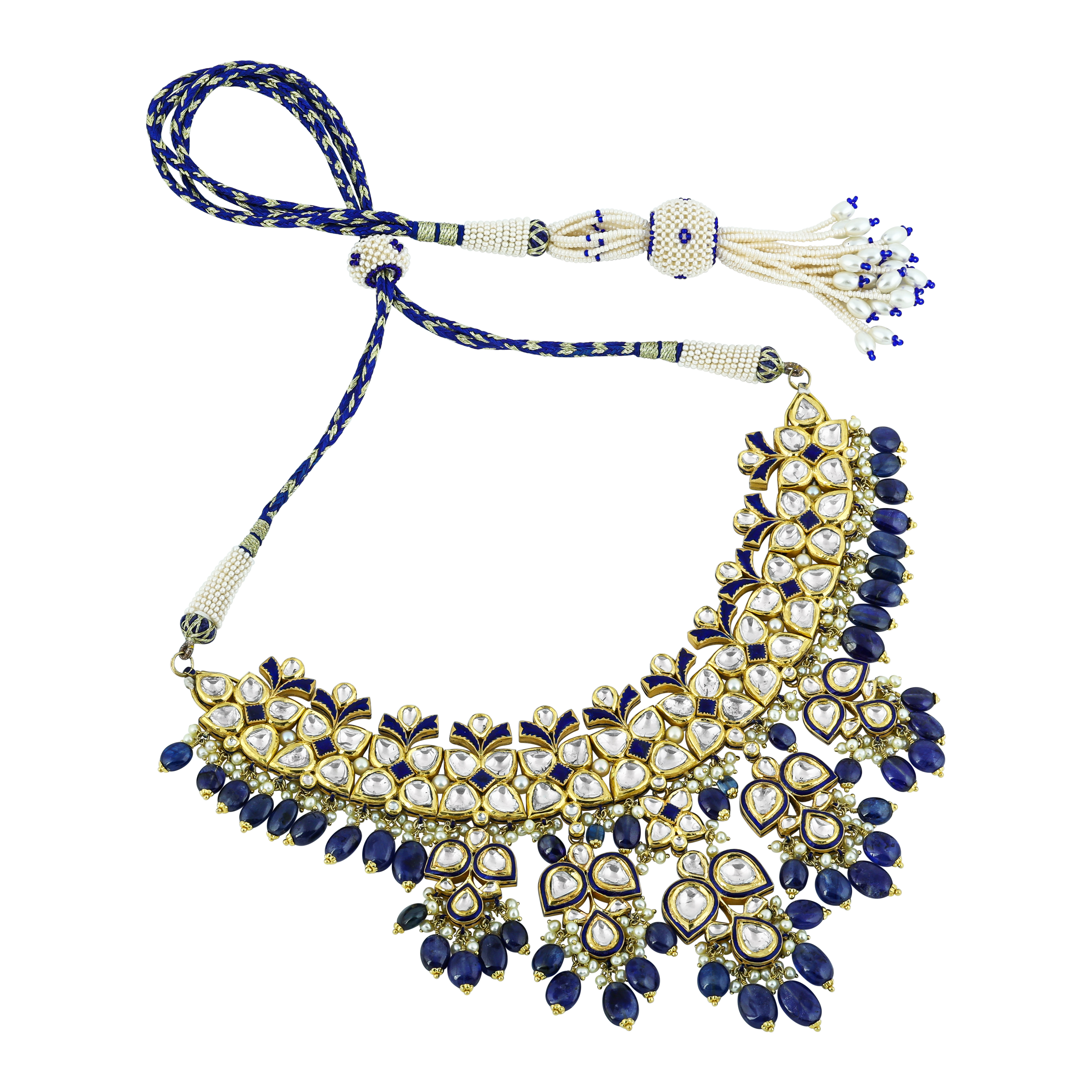 Polki Necklace Set with Blue Sapphire and Pearl Drops