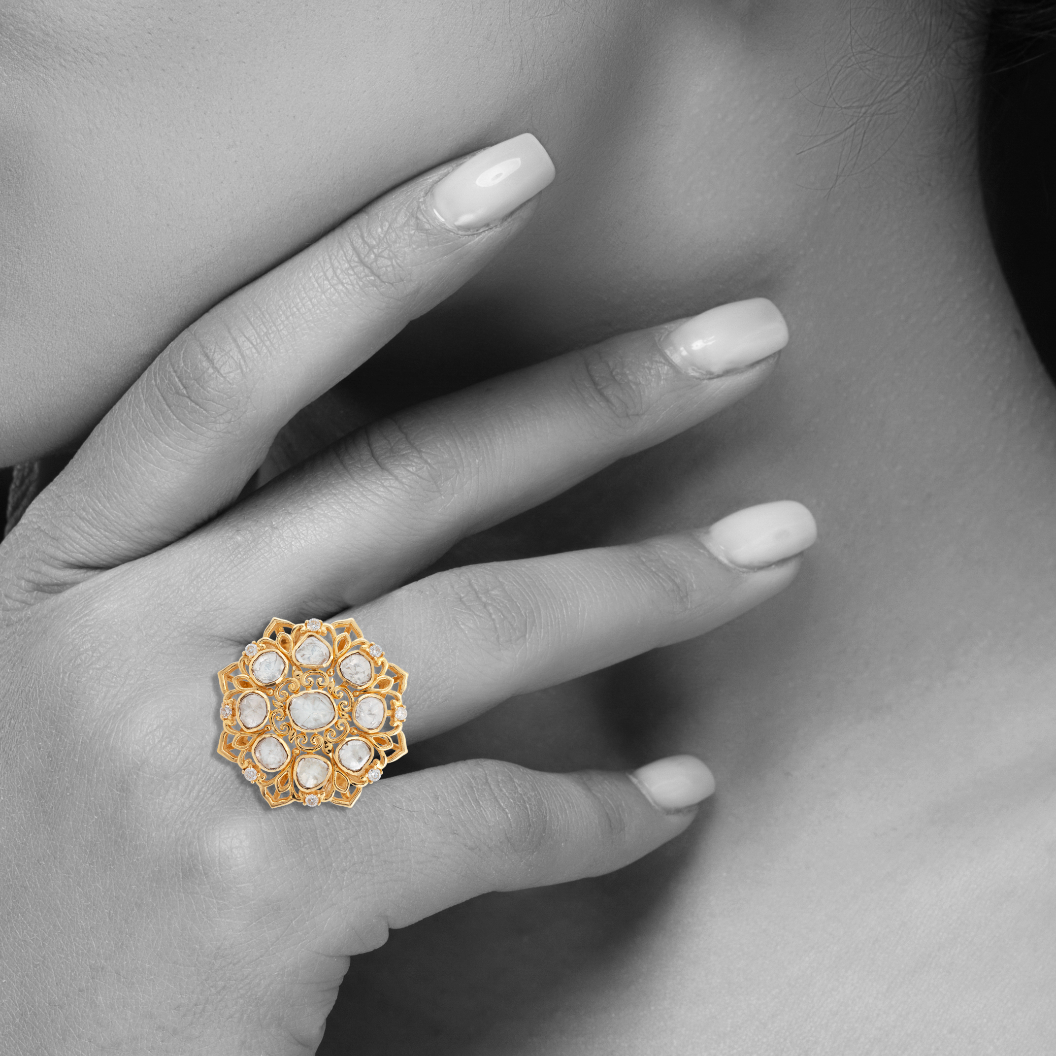 Polki Cluster Ring with Filigree Gold Design