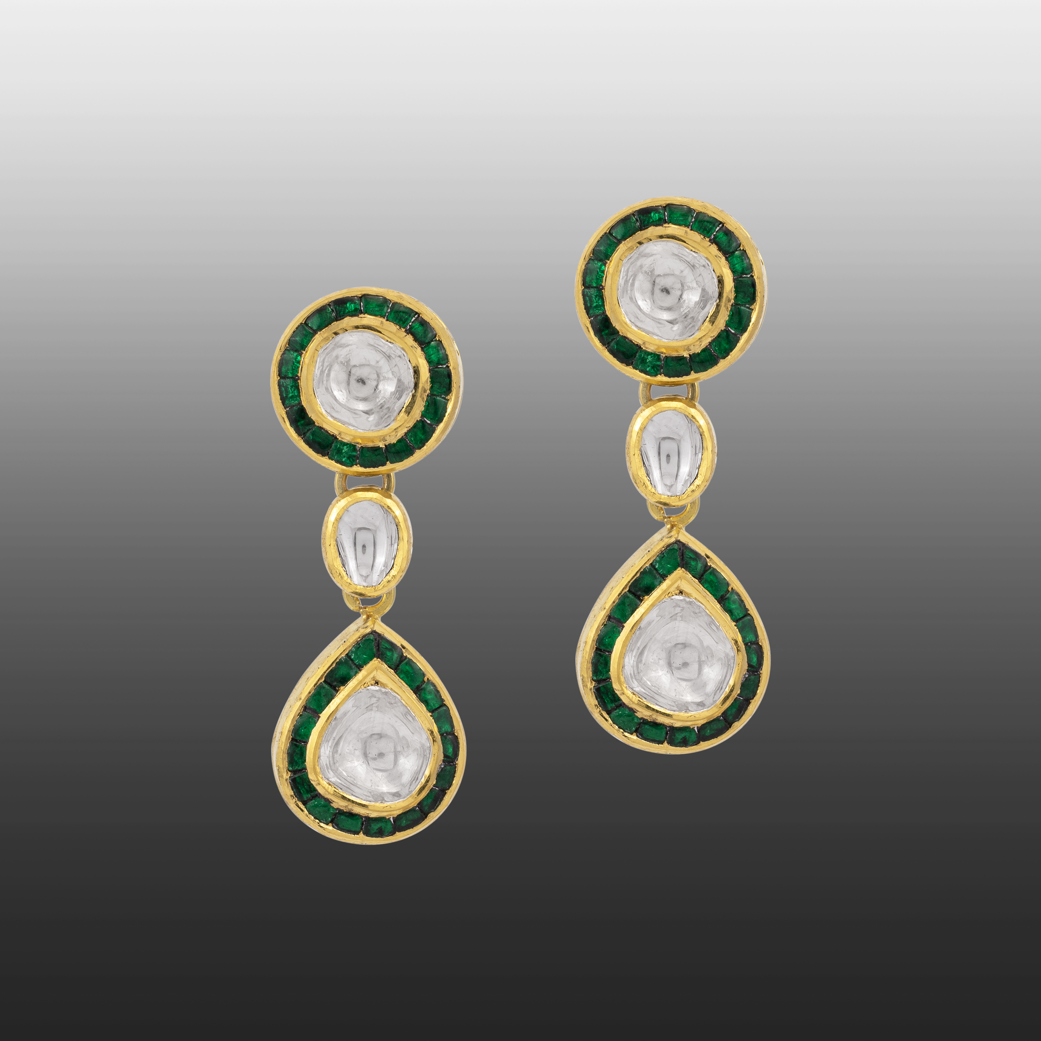 Polki Drop Earrings with Green Enamel Border