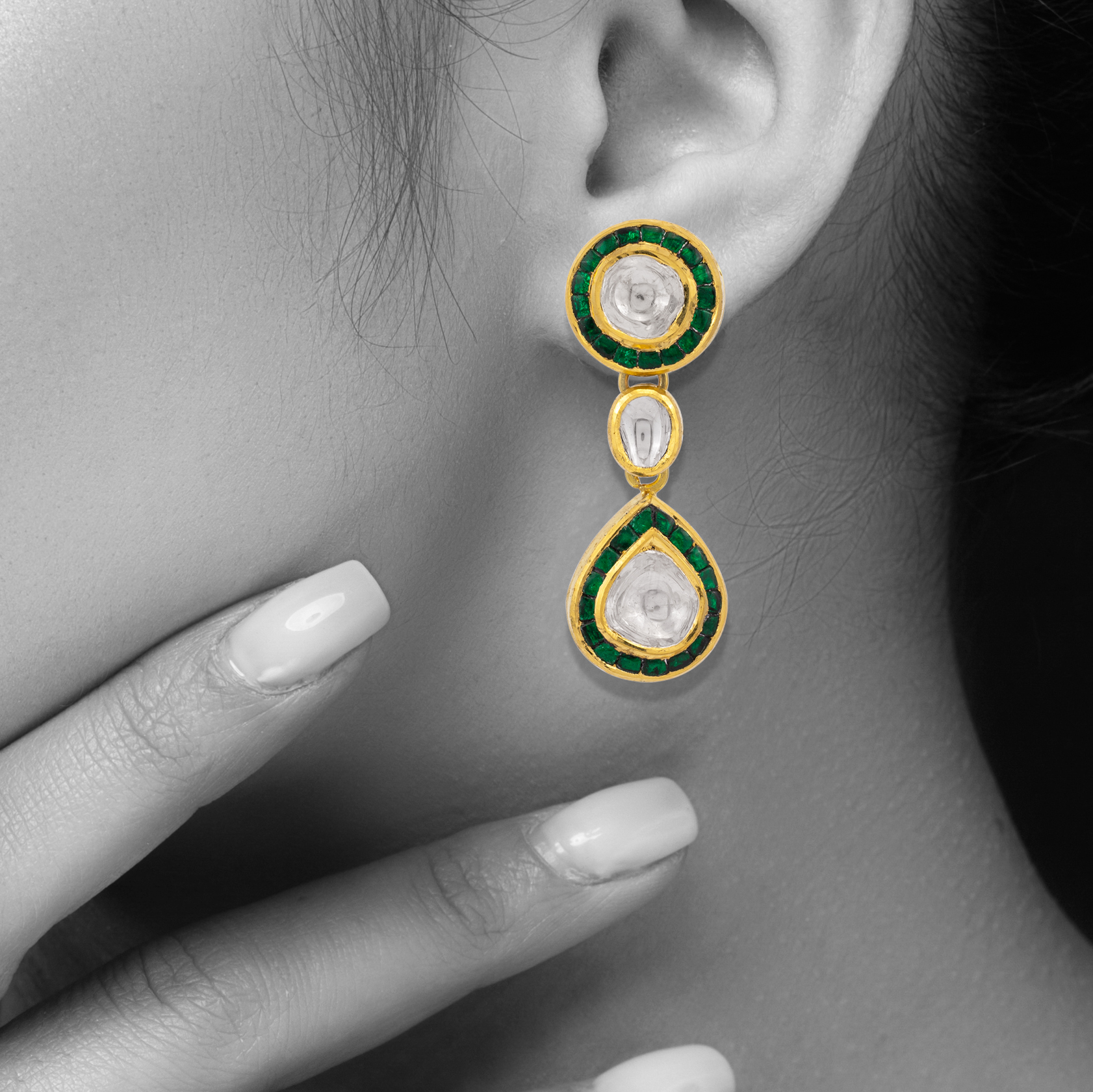 Polki Drop Earrings with Green Enamel Border