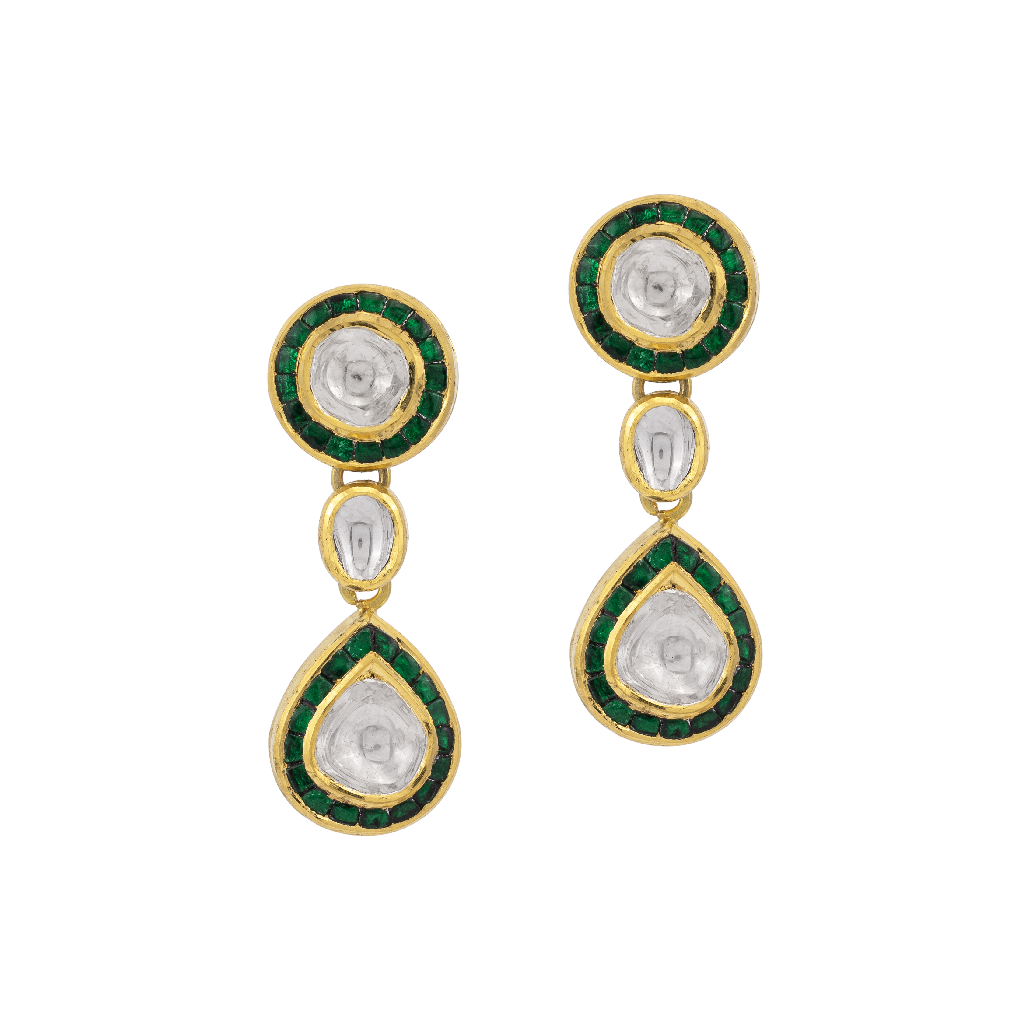 Polki Drop Earrings with Green Enamel Border