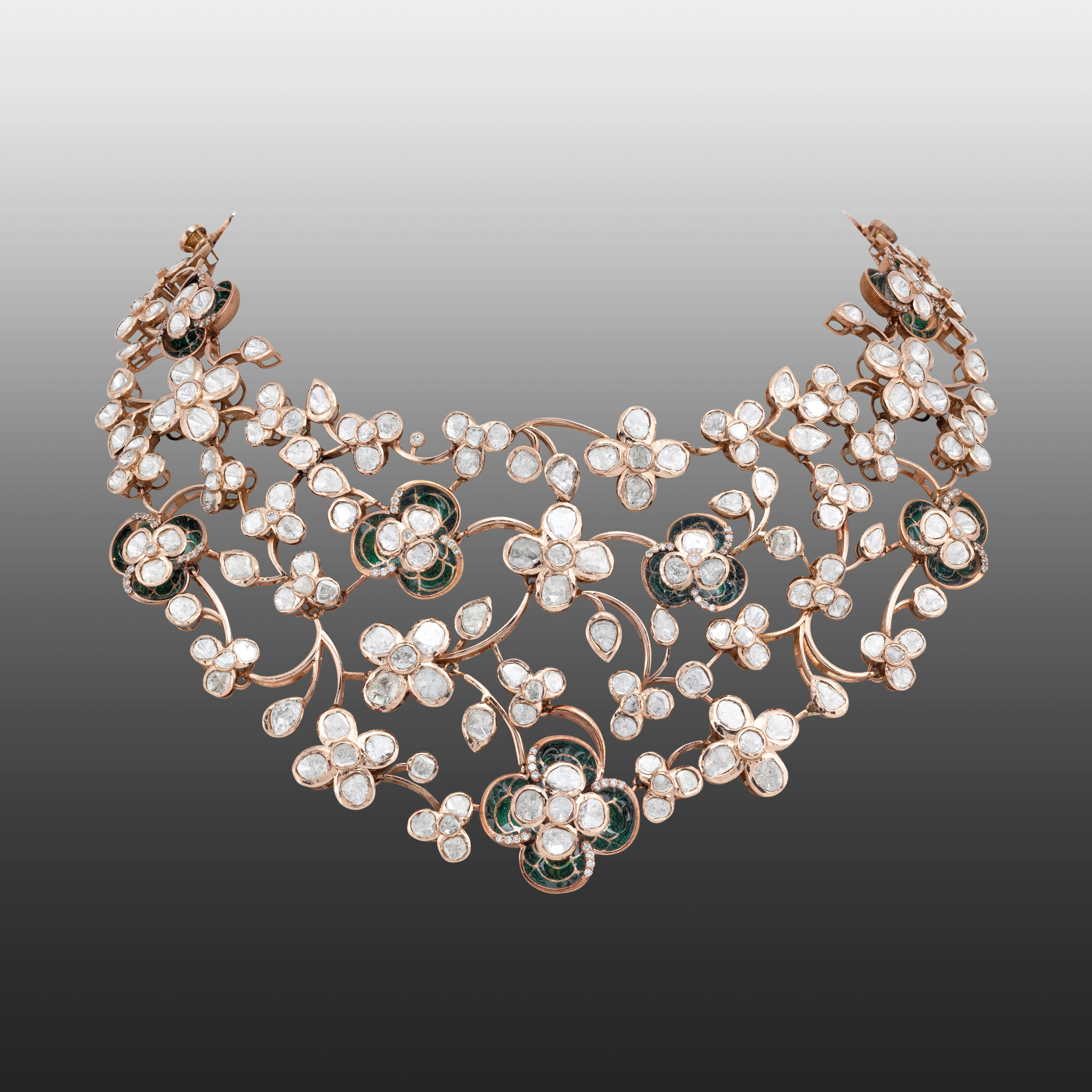 Green Enamel Polki Floral Necklace with Diamond Accents