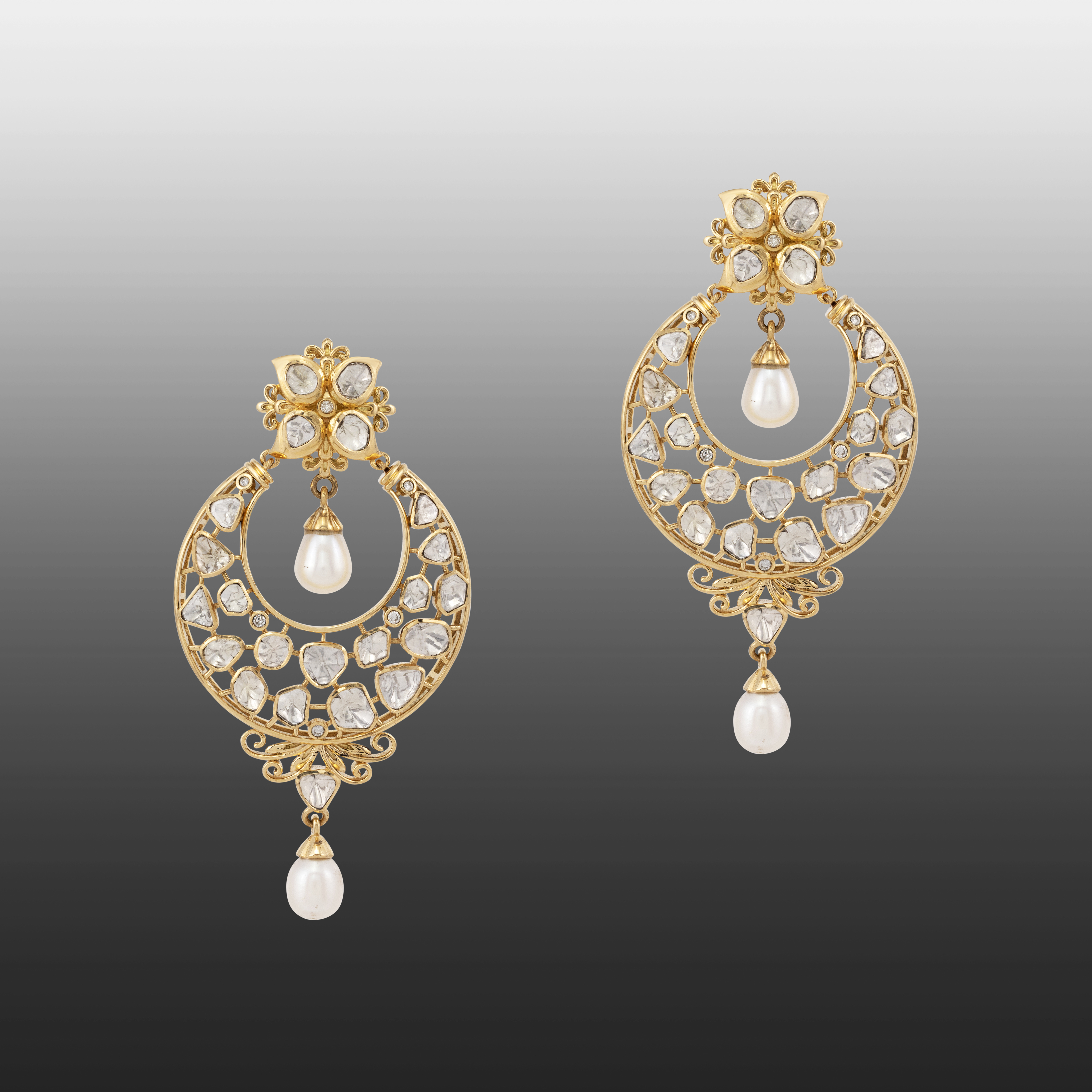Filigree Polki Chandbali Earrings with Pearl Drops