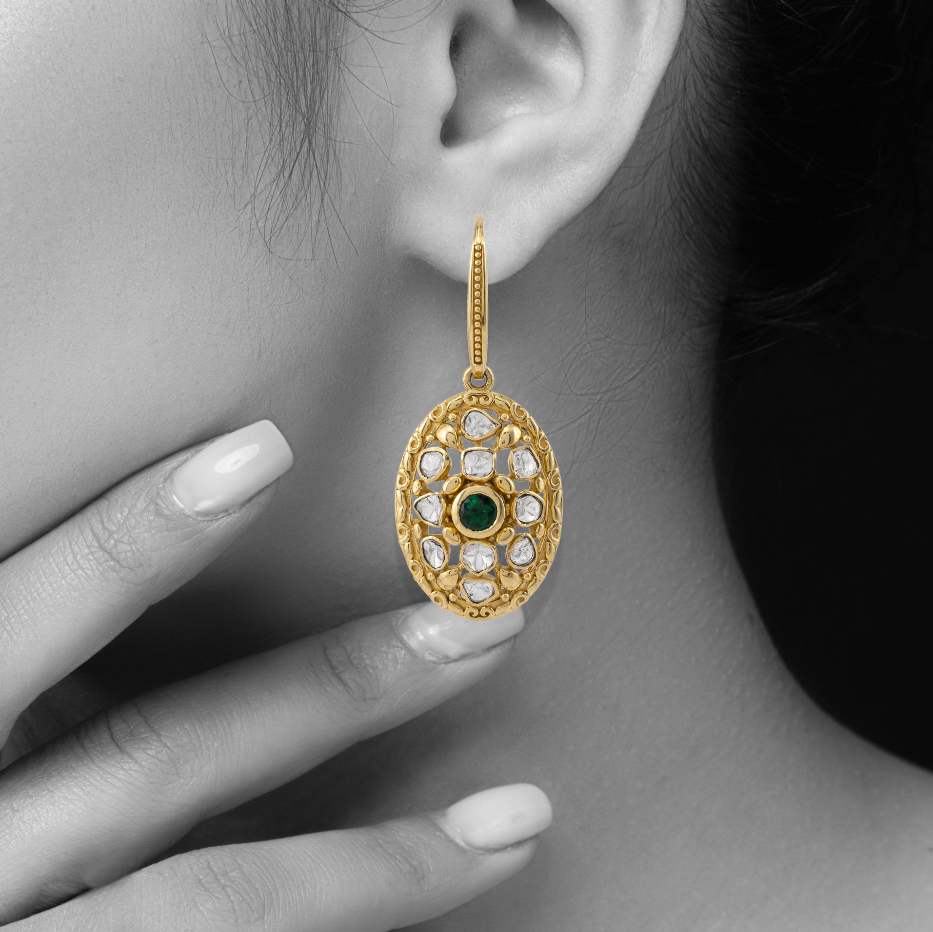 Mini Hoop Polki Oval Earrings with Central Emerald