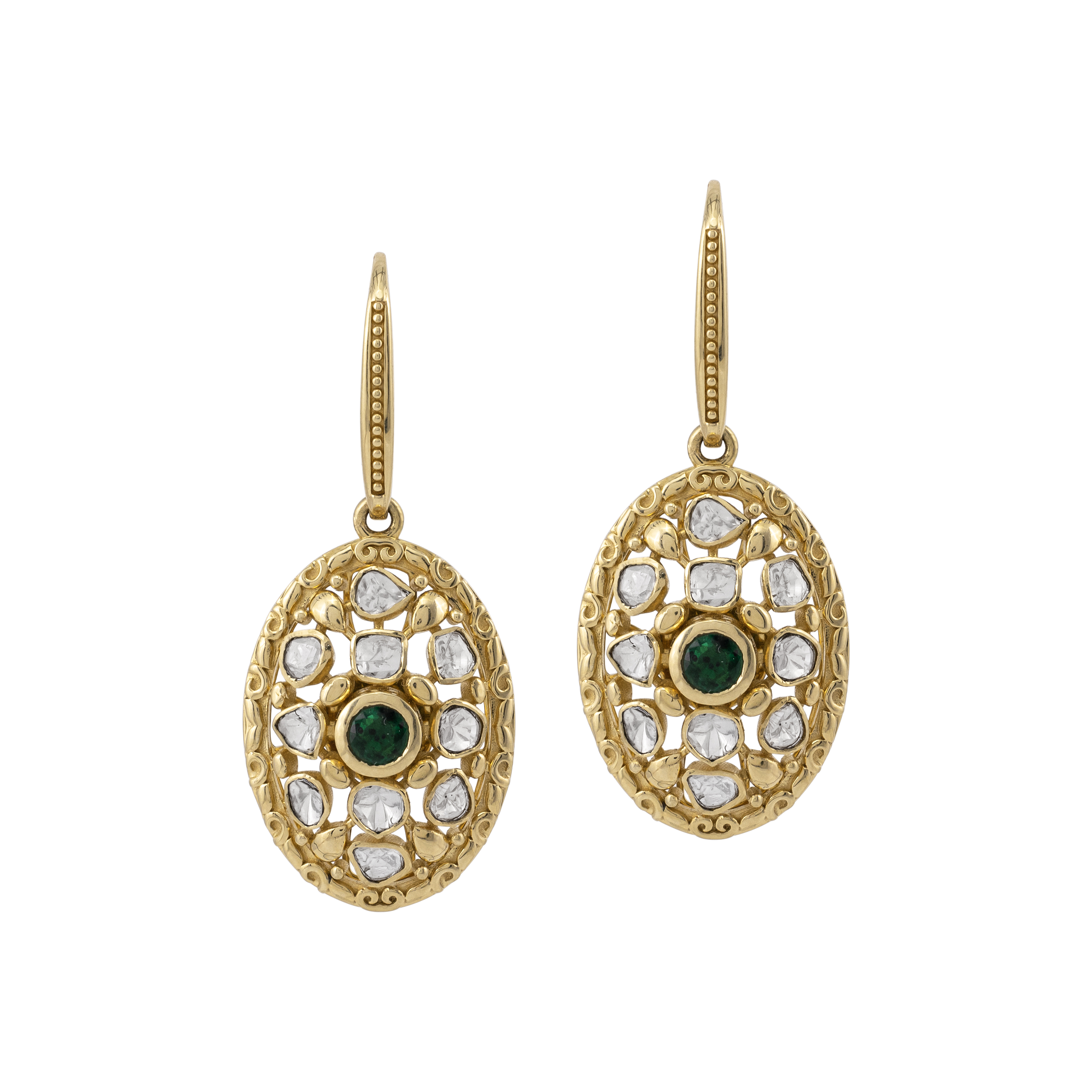 Mini Hoop Polki Oval Earrings with Central Emerald