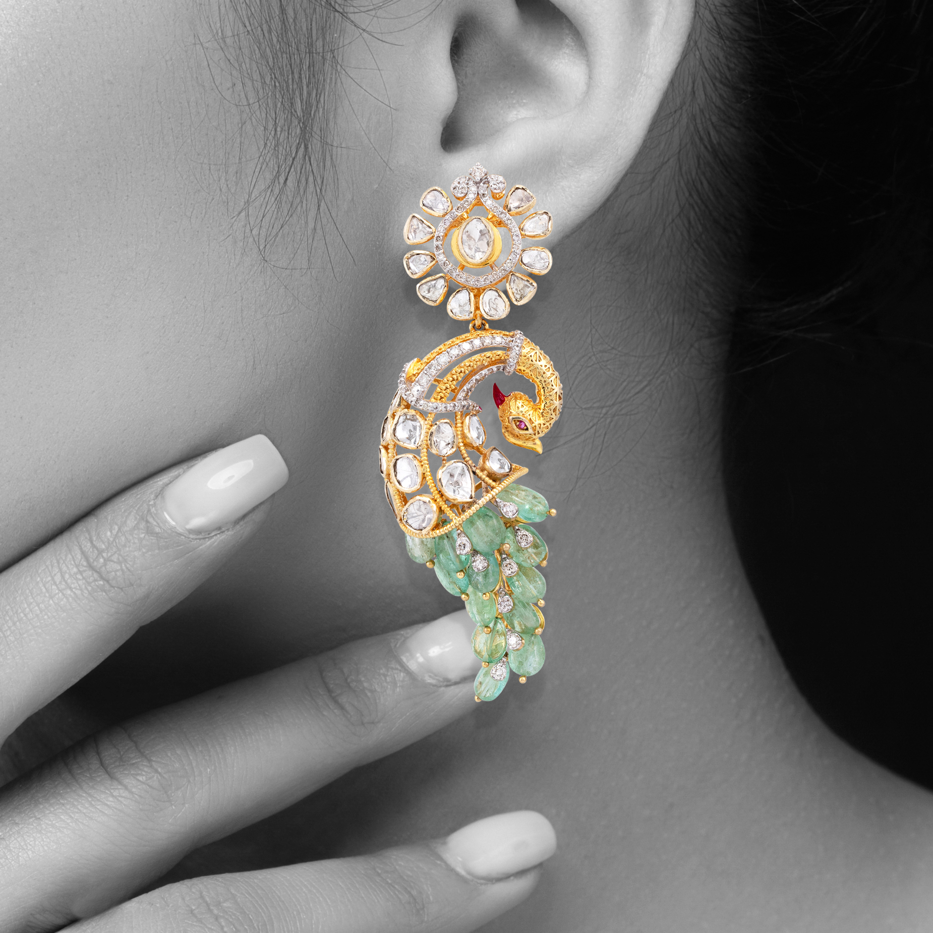 Emerald Feather Polki Peacock Drop Earrings